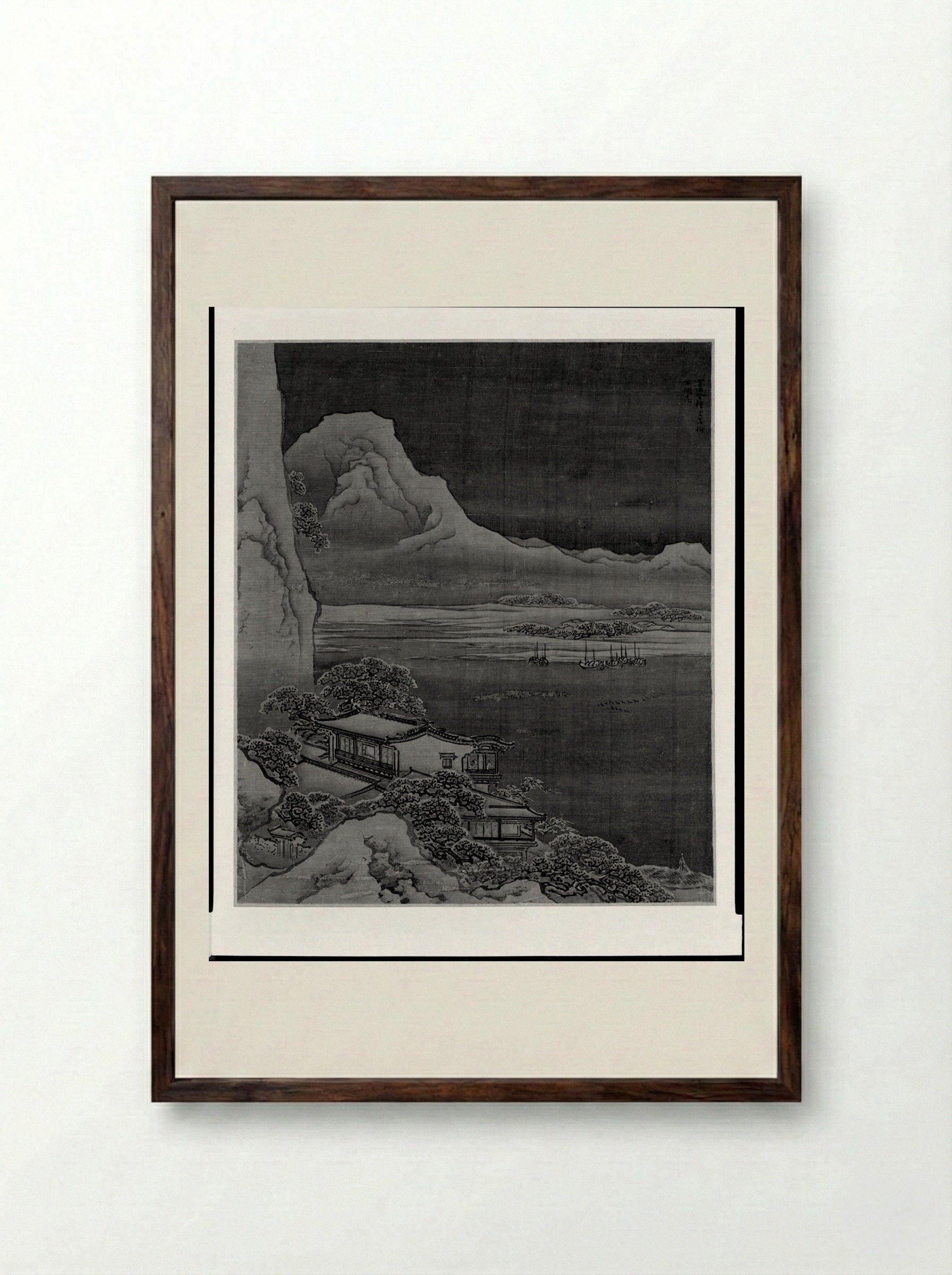 Winter Scene: Mountains and Lakeside Lodge in Snow - Yuan Yao - Framed Print Dark Wood