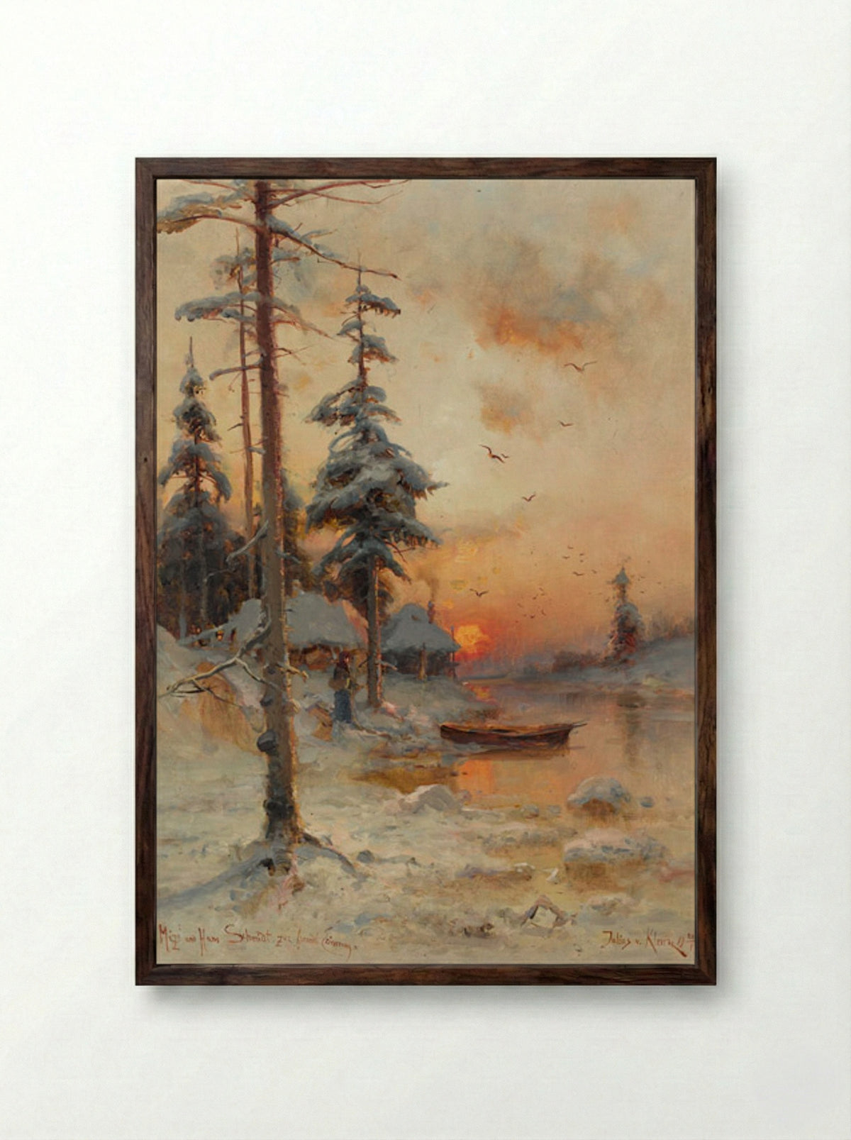 Winter Sunset by the River - Julius Sergius von Klever - Framed Print Dark Wood