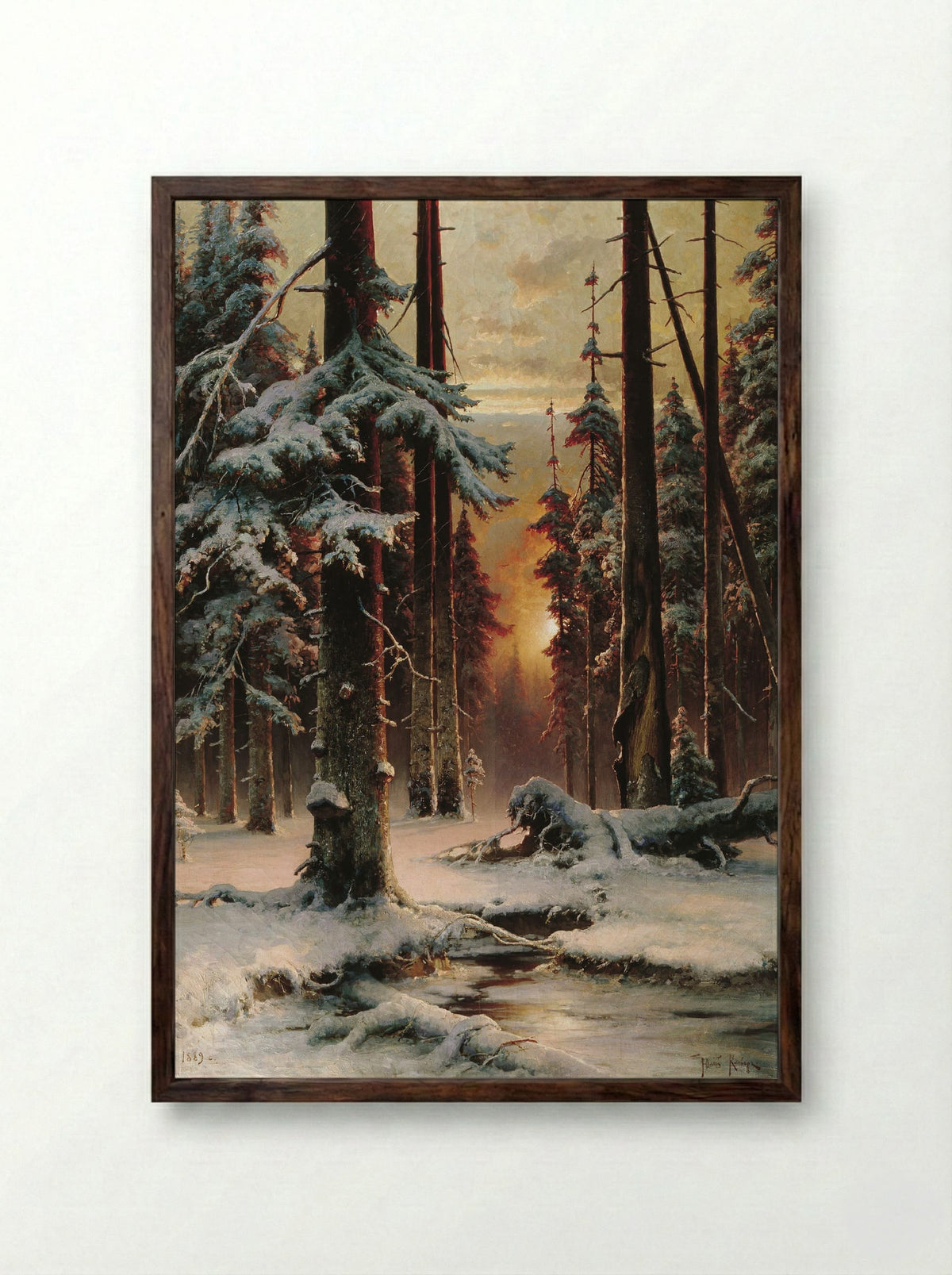 Winter Sunset in a Spruce Forest - Julius Sergius von Klever - Framed Print Dark Wood