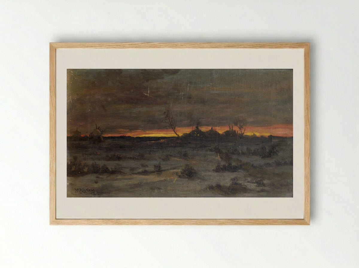 Winter Sunset over a Village - Julius Sergius von Klever - Framed Print Wood