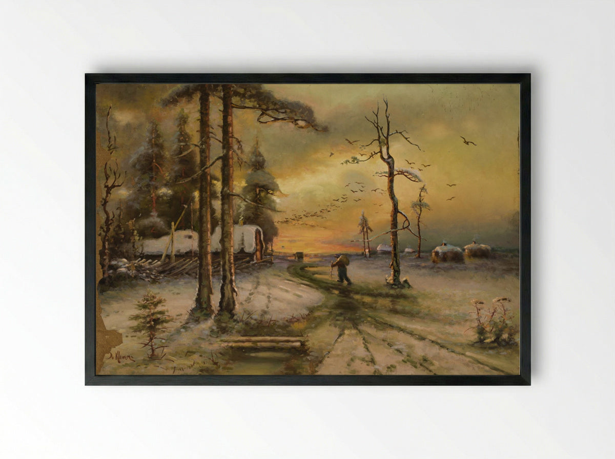 Winter Twilight with a Traveller - Julius Sergius von Klever - Framed Print Black