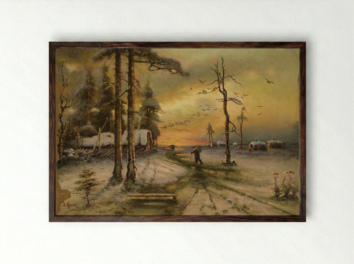 Winter Twilight with a Traveller - Julius Sergius von Klever - Framed Print Dark Wood