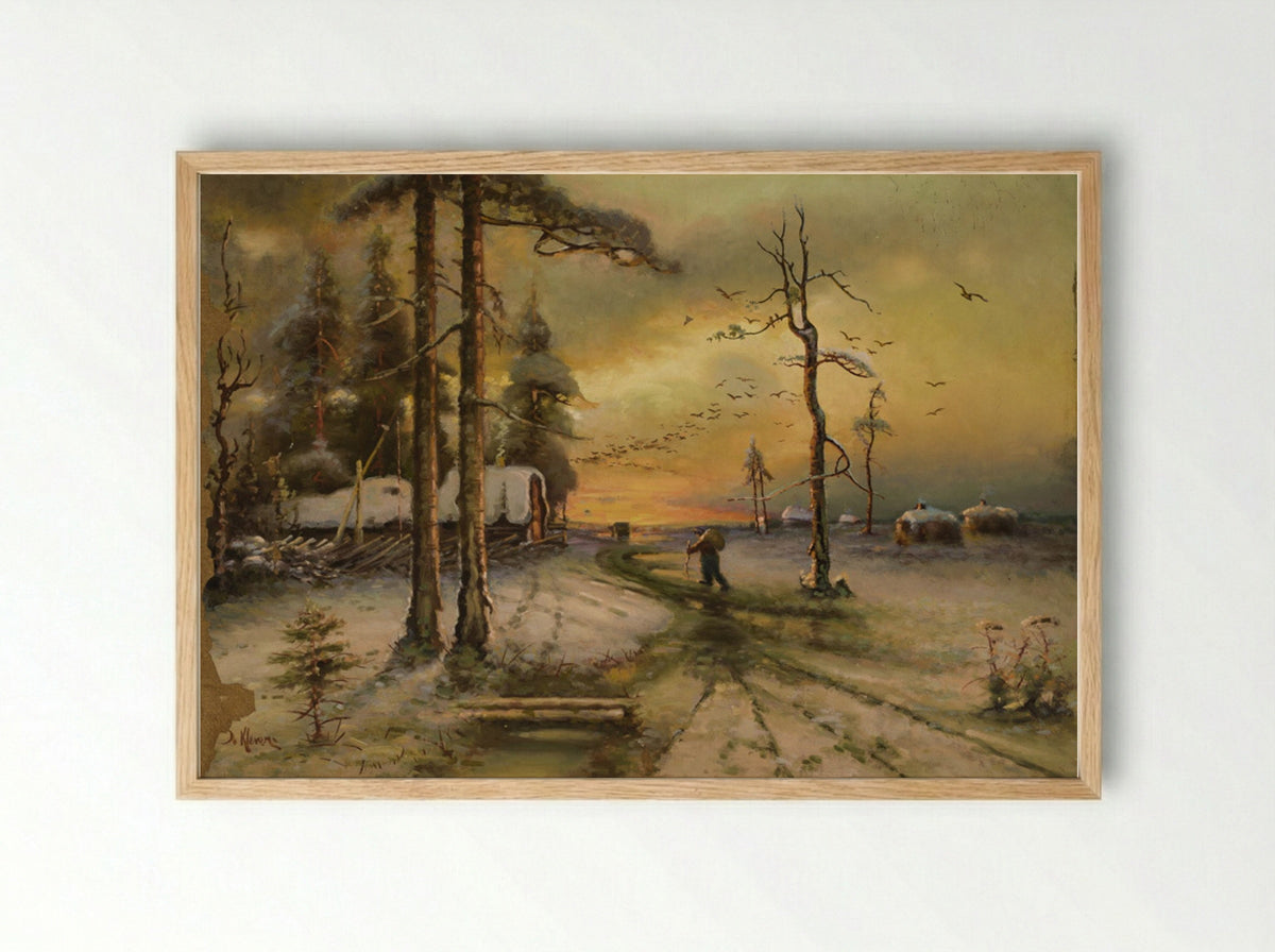 Winter Twilight with a Traveller - Julius Sergius von Klever - Framed Print Wood