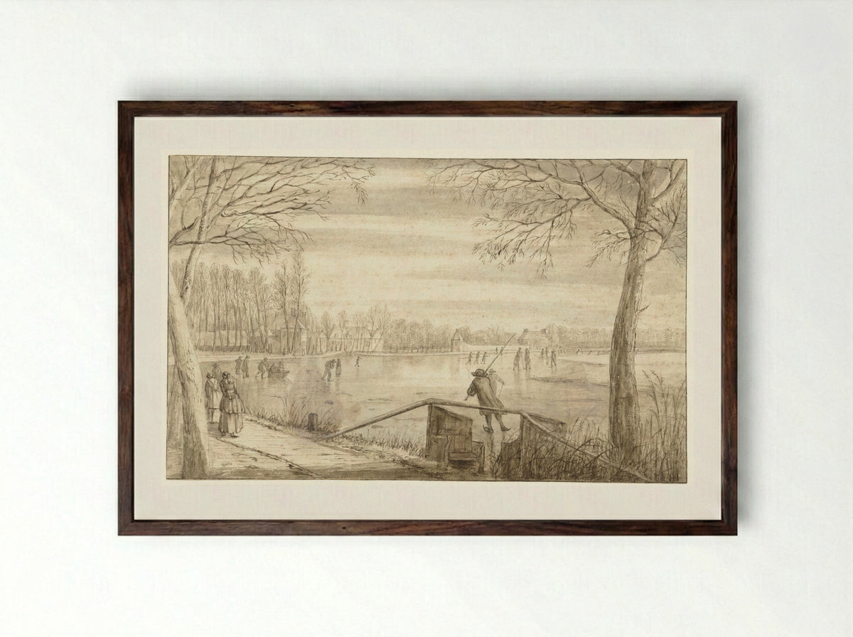 Wintergezicht met schaatsenrijders aan de Vecht - Abraham Rutgers - Framed Print Dark Wood