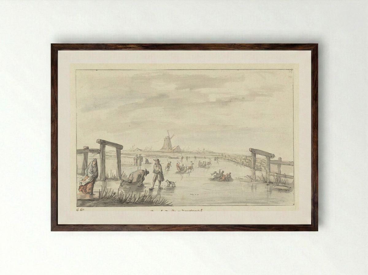 Wintergezicht te Boom, van het Zwarte Water bij Zwolle - Gerrit Grasdorp - Framed Print Dark Wood