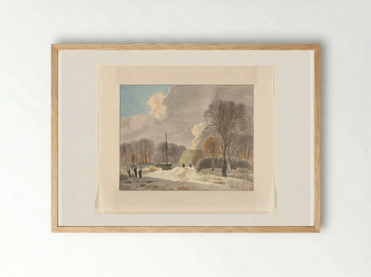Winterlandschap met brandende kalkoven - Johannes van Reijn - Framed Print Wood