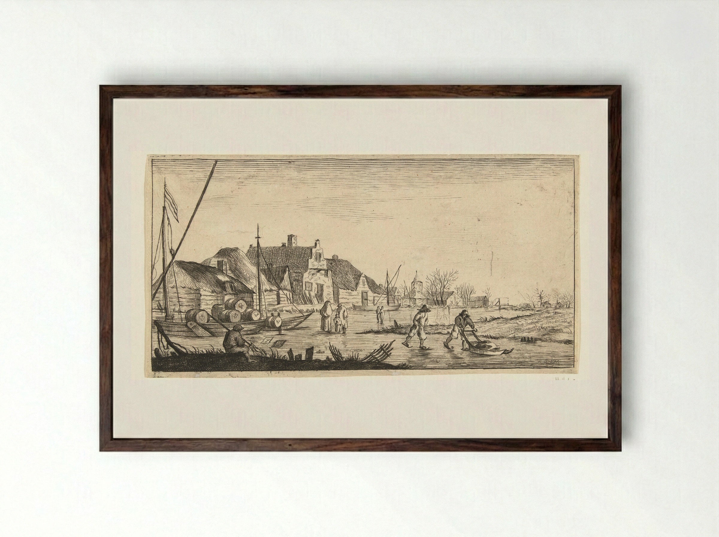 Winterlandschap met een dorp aan een rivier - Jan van de Cappelle - Framed Print Dark Wood