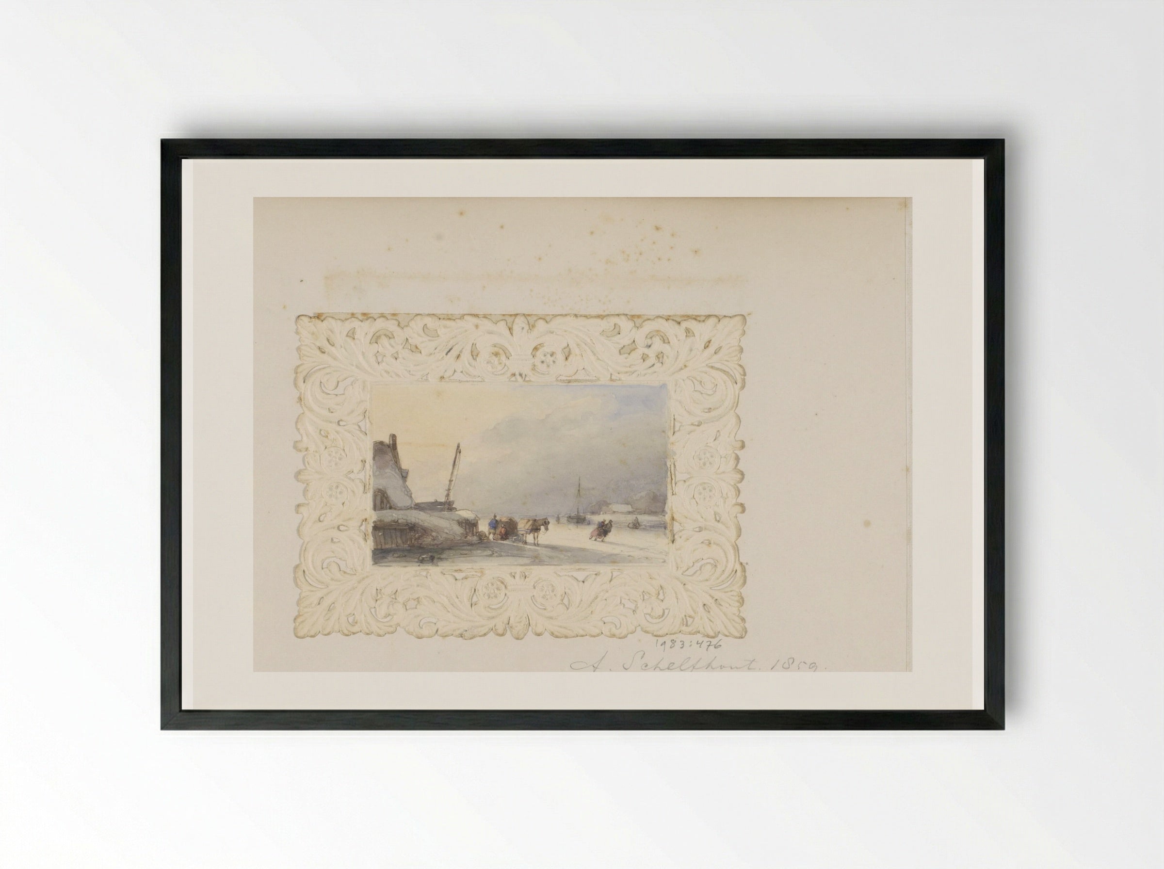 Winterlandschap met figuren en een bepakt paard op het ijs - Andreas Schelfhout - Framed Print Black