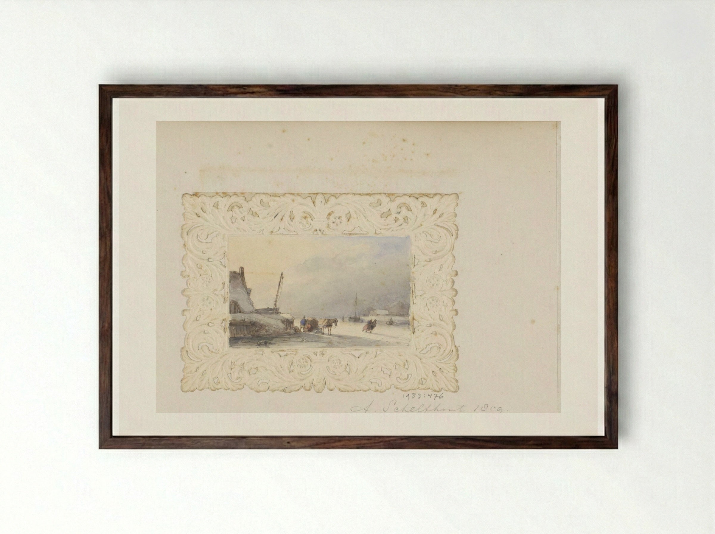 Winterlandschap met figuren en een bepakt paard op het ijs - Andreas Schelfhout - Framed Print Dark Wood