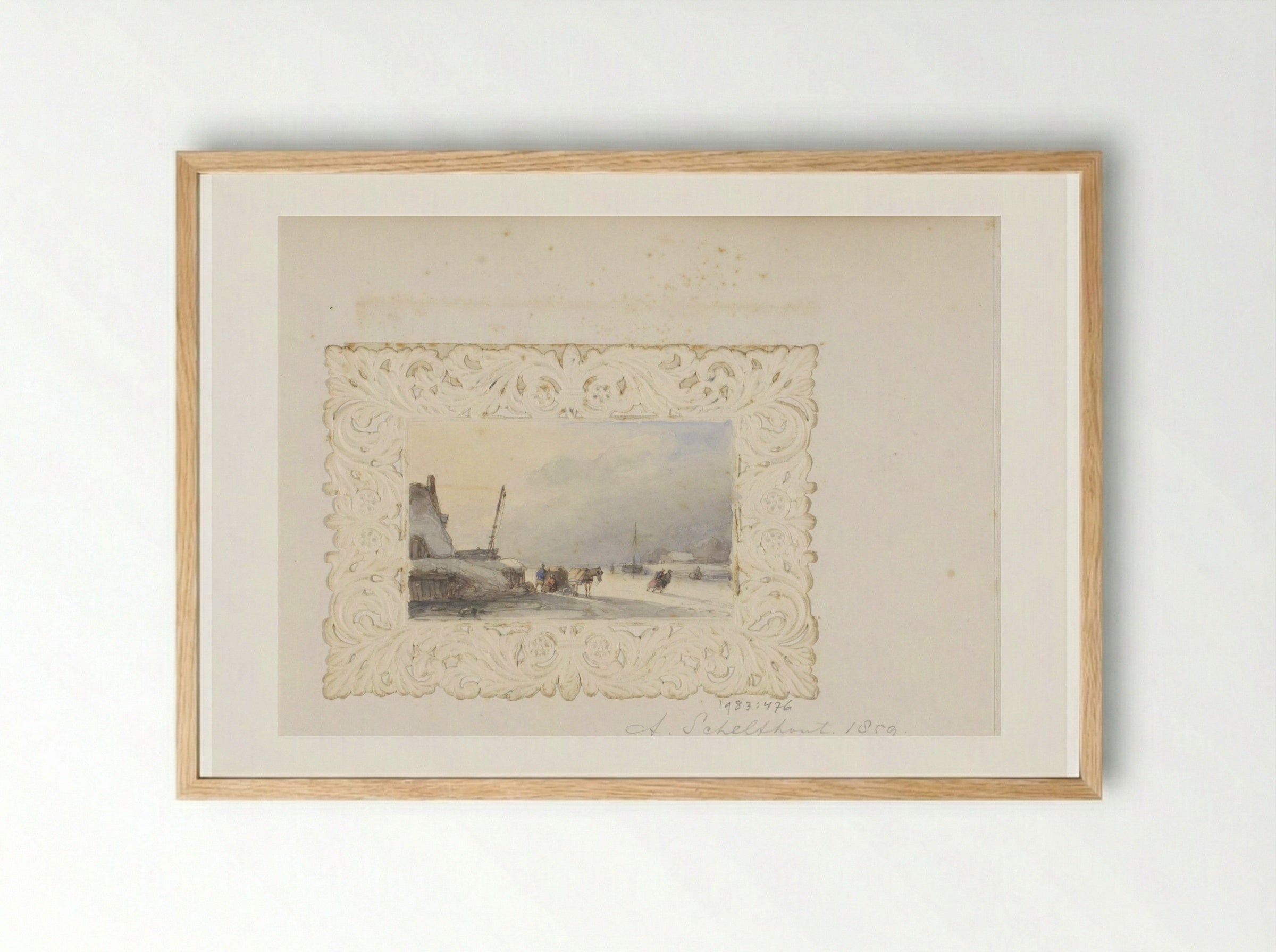 Winterlandschap met figuren en een bepakt paard op het ijs - Andreas Schelfhout - Framed Print Wood