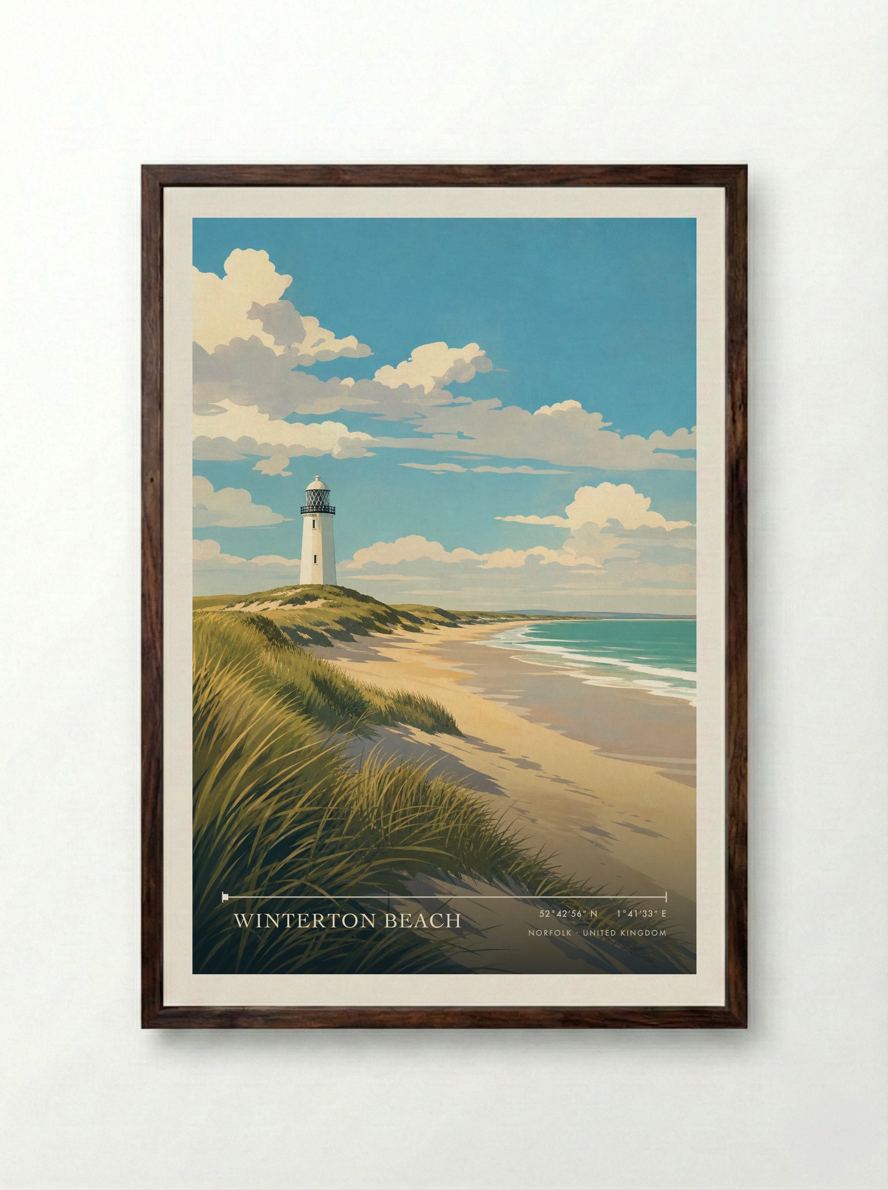 Winterton Beach Norfolk United Kingdom Travel Poster - Framed Print Dark Wood