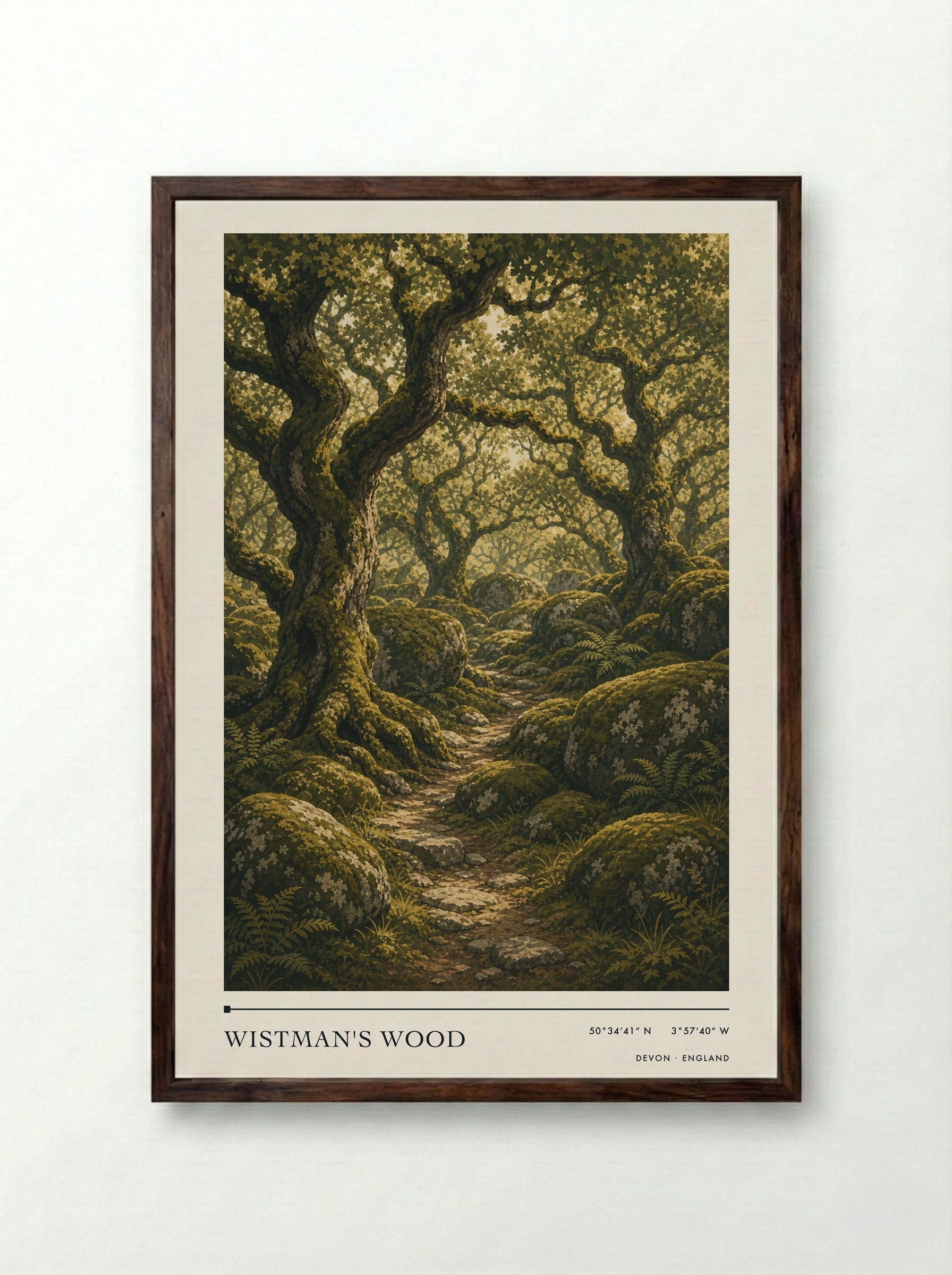 Wistman's Wood Devon England Travel Poster - Framed Print Dark Wood