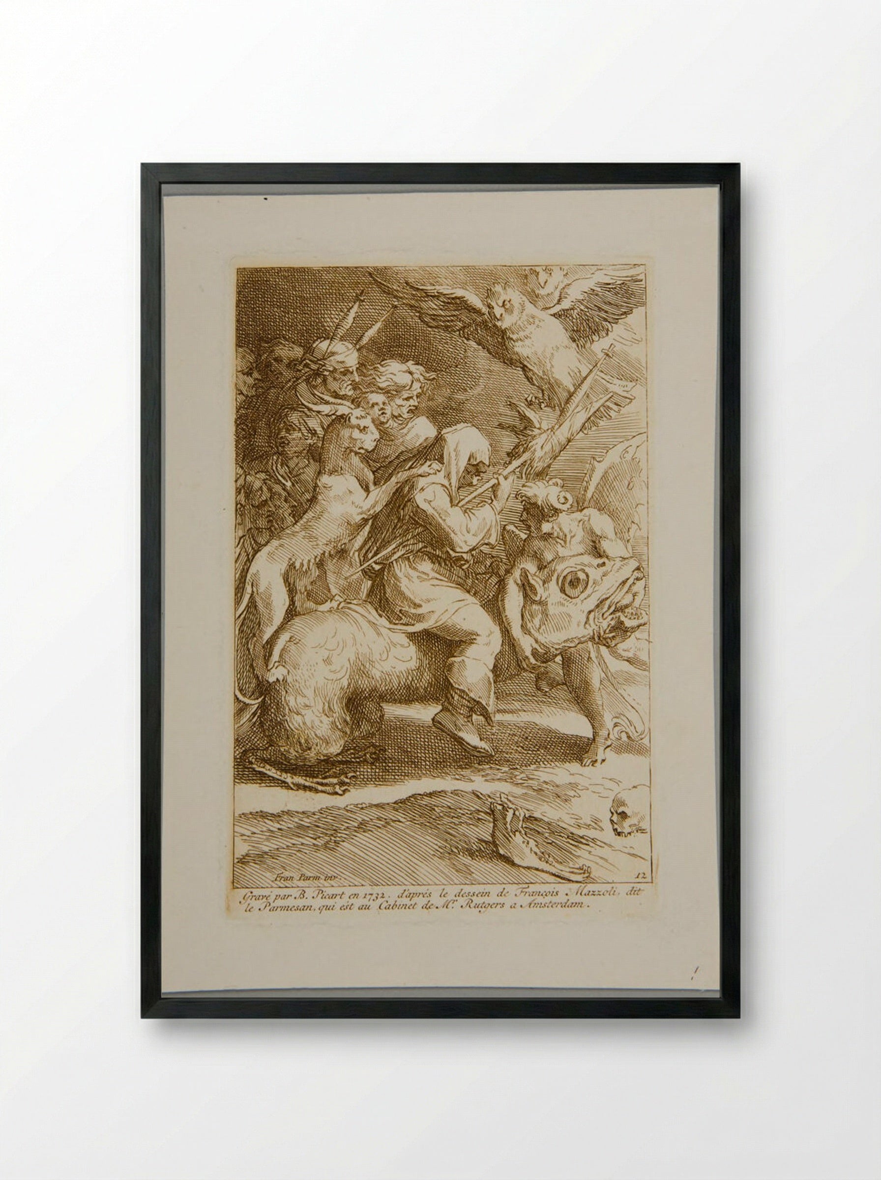 Witch Riding on a Monster - Bernard Picart - Framed Print Black