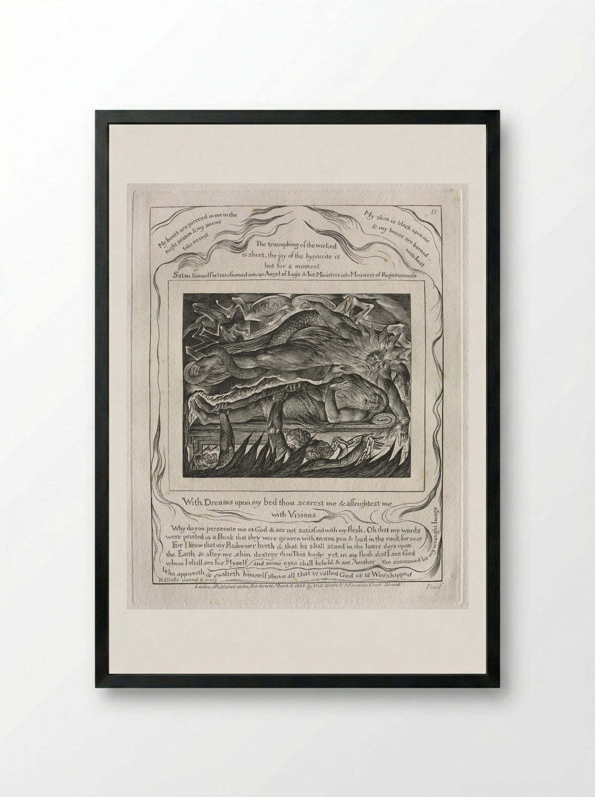 With Dreams Upon My Bed Thou Scarest Me and Affrightest Me with Visions (The Book of Job) - William Blake - Framed Print Black