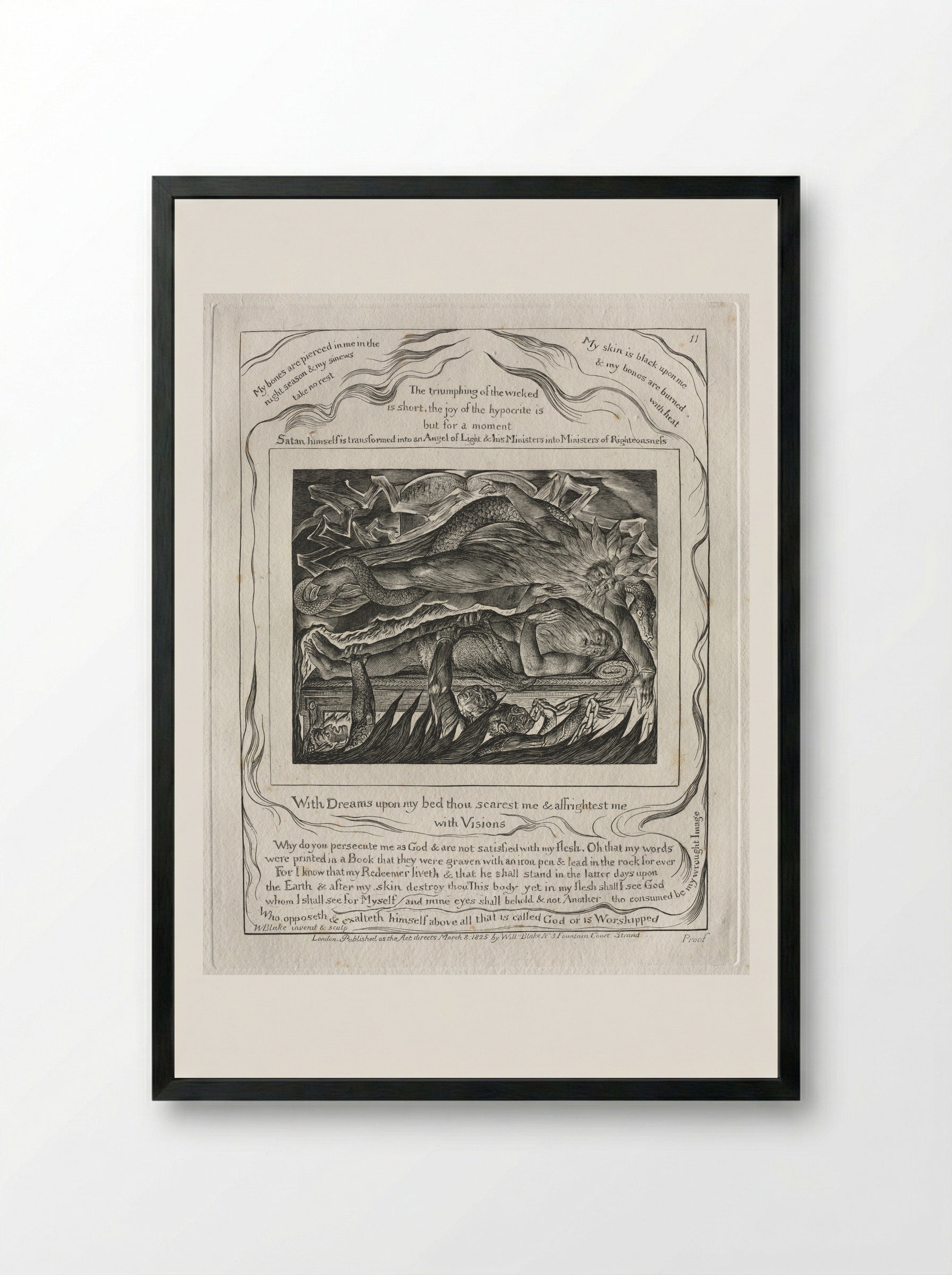 With Dreams Upon My Bed Thou Scarest Me and Affrightest Me with Visions (The Book of Job) - William Blake - Framed Print Black