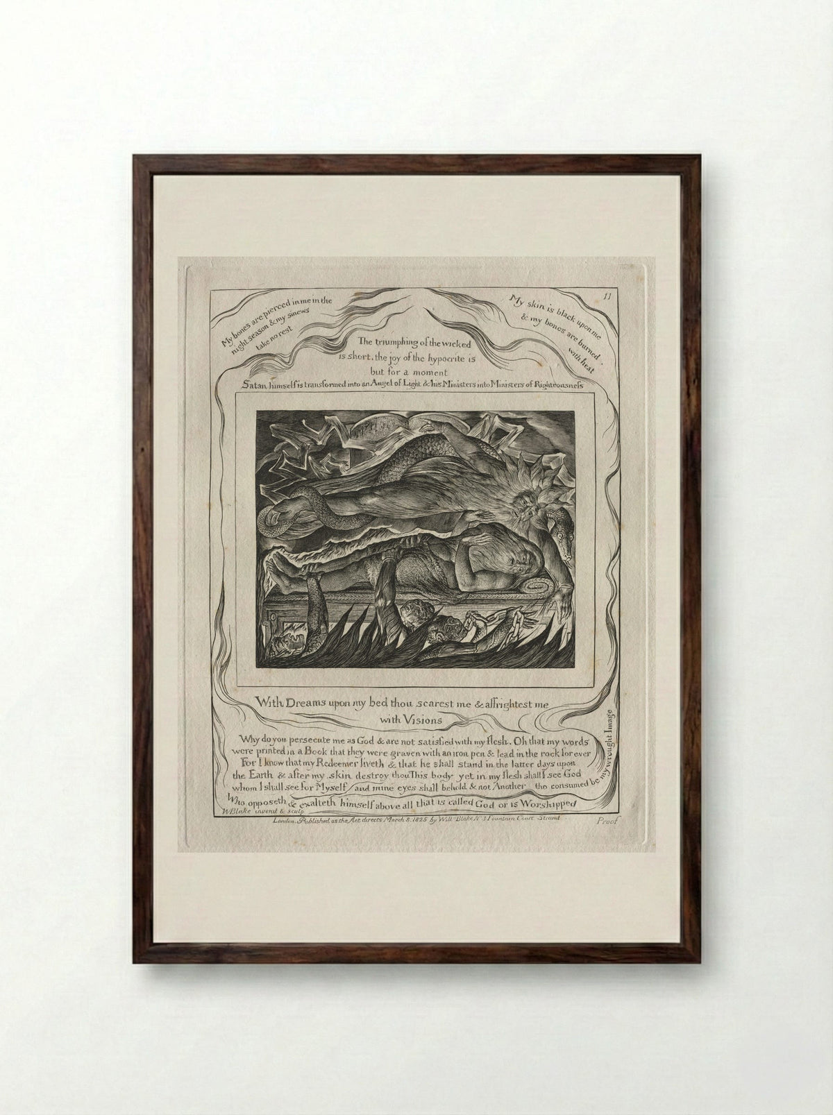 With Dreams Upon My Bed Thou Scarest Me and Affrightest Me with Visions (The Book of Job) - William Blake - Framed Print Dark Wood