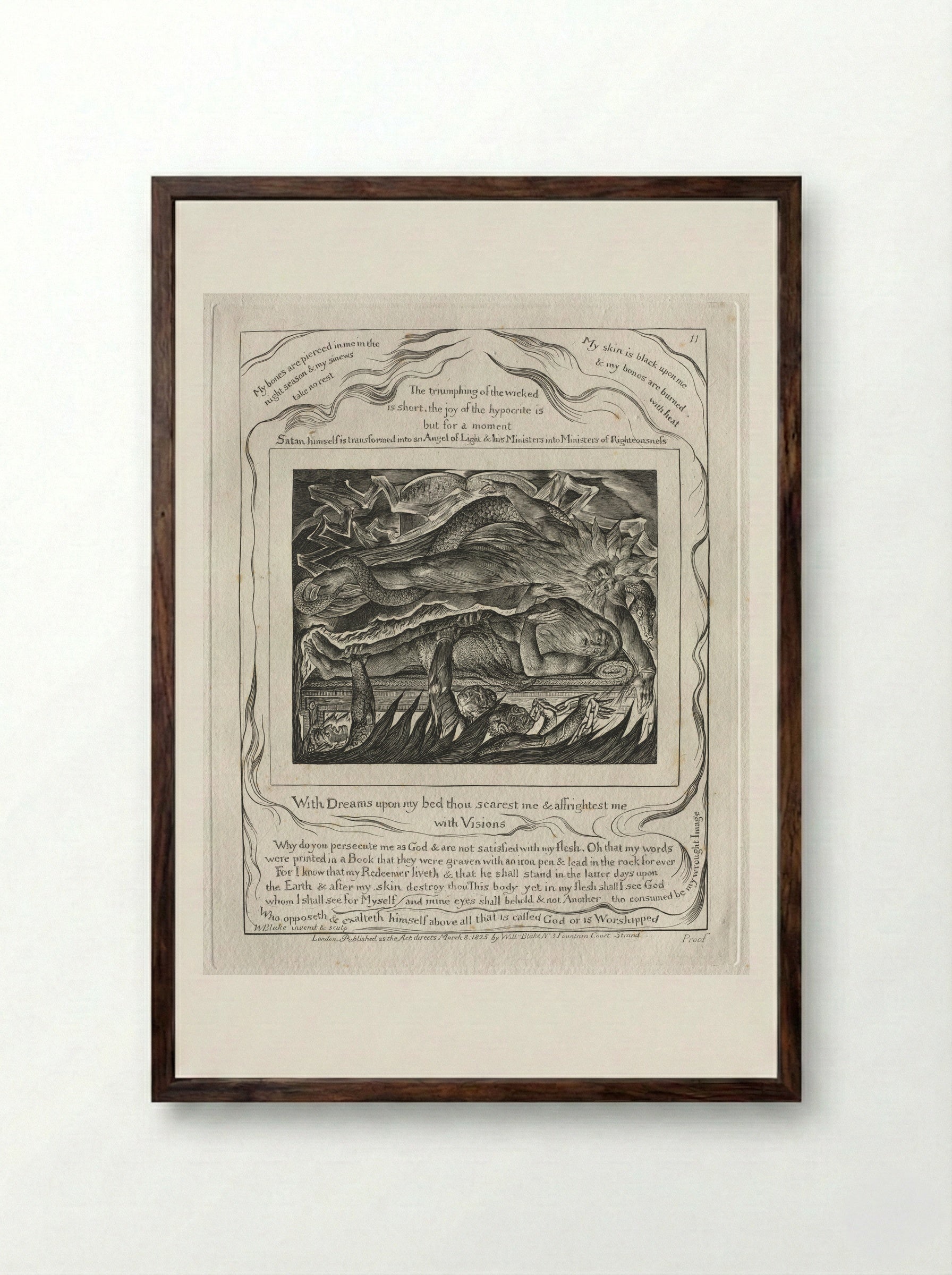 With Dreams Upon My Bed Thou Scarest Me and Affrightest Me with Visions (The Book of Job) - William Blake - Framed Print Dark Wood