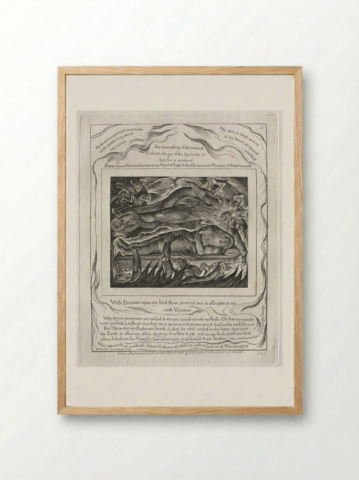 With Dreams Upon My Bed Thou Scarest Me and Affrightest Me with Visions (The Book of Job) - William Blake - Framed Print Wood