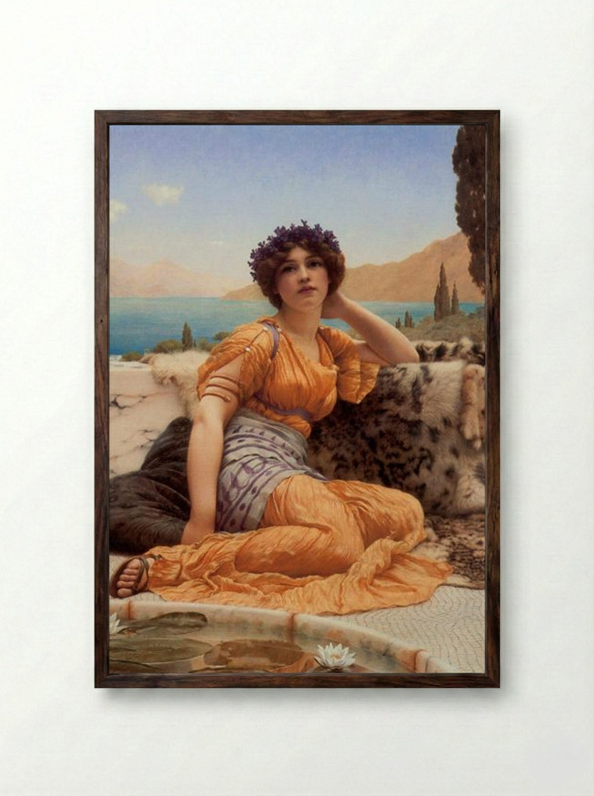 With Violets Wreathed and Robe of Saffron Hue - John William Godward - Framed Print Dark Wood