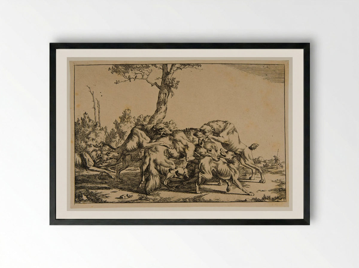Wolf and Dogs - Marcus de Bye - Framed Print Black