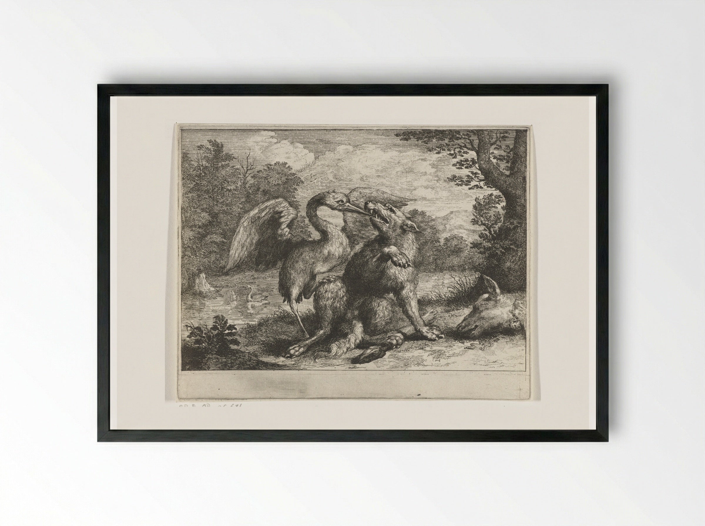 Wolf en kraanvogel - Abraham Bloteling - Framed Print Black