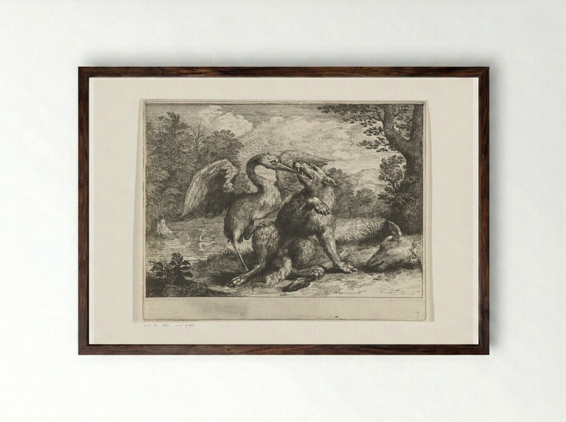Wolf en kraanvogel - Abraham Bloteling - Framed Print Dark Wood