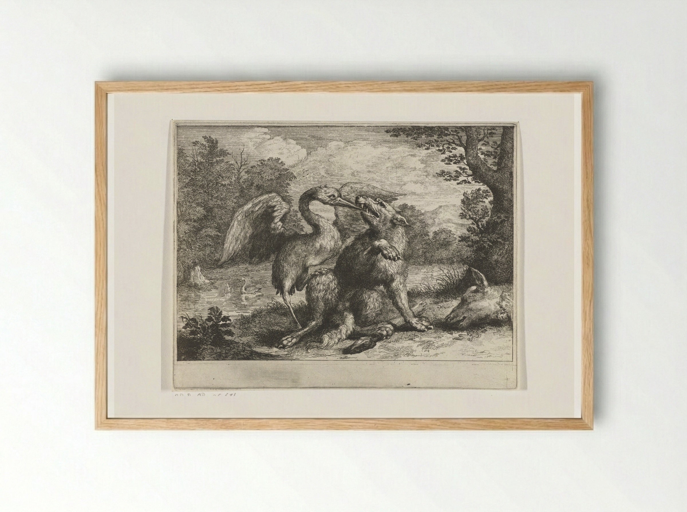 Wolf en kraanvogel - Abraham Bloteling - Framed Print Wood