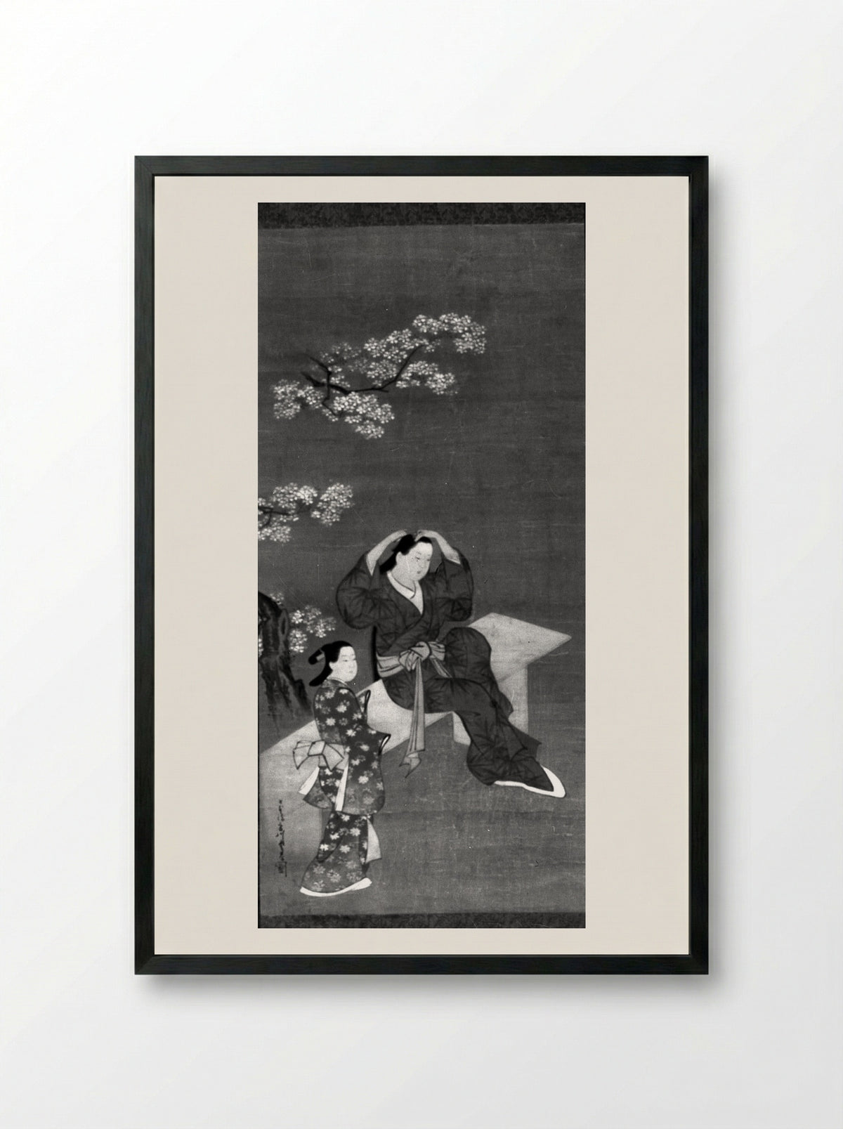 Woman Binding Her Hair and Attendant under Flowering Cherry Tree - Miyagawa Chōshun - Framed Print Black