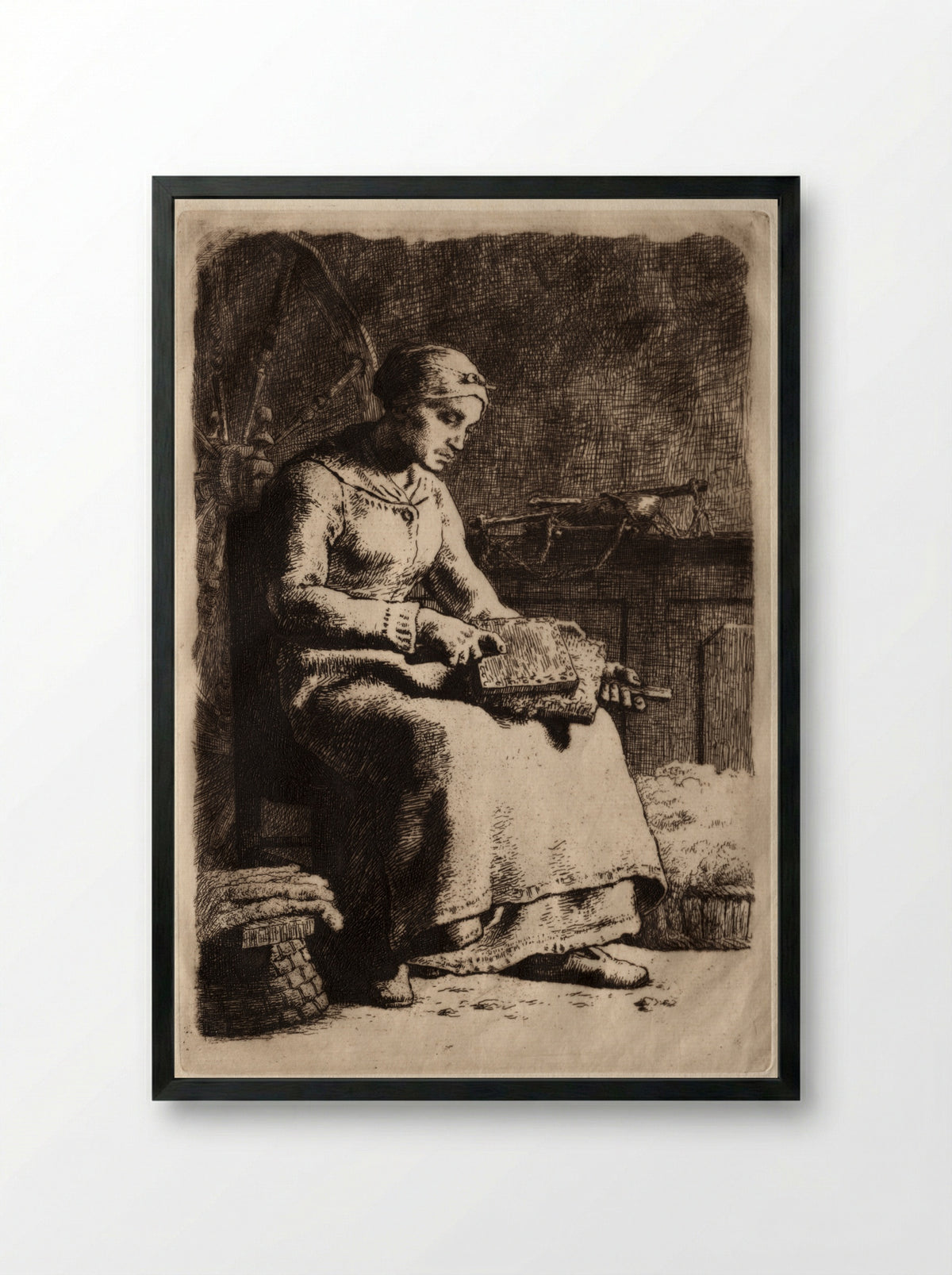 Woman Carding Wool - Jean-François Millet - Framed Print Black