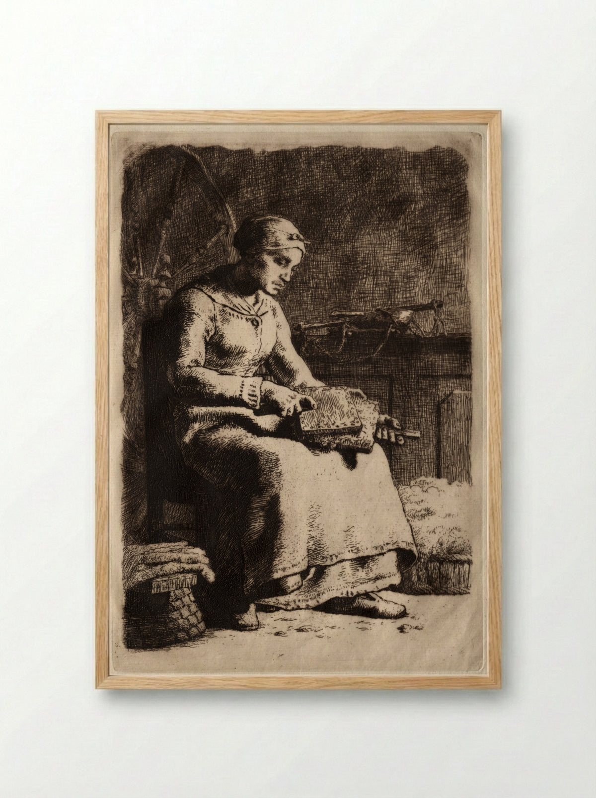 Woman Carding Wool - Jean-François Millet - Framed Print Wood