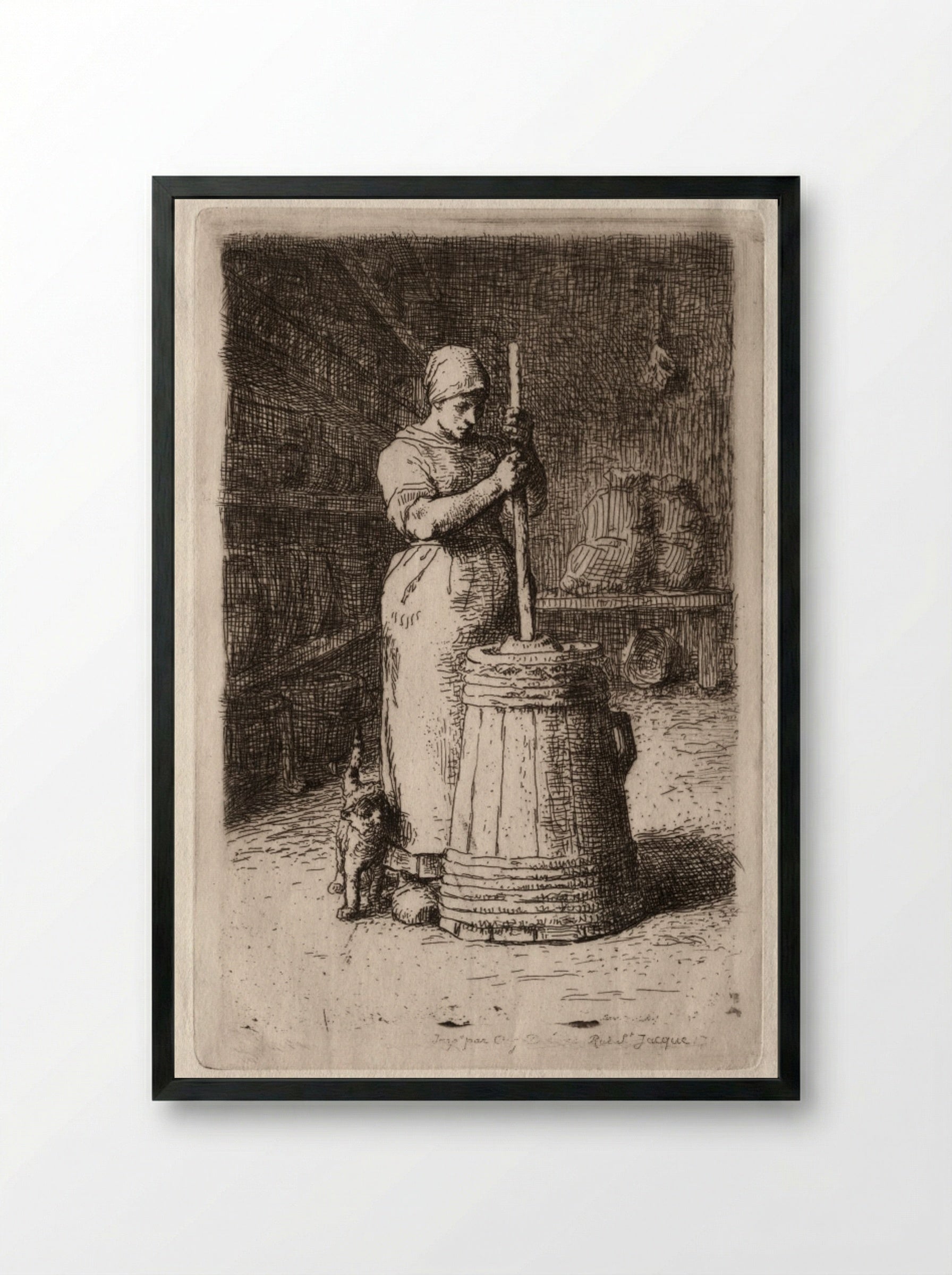 Woman Churning Butter - Jean-François Millet - Framed Print Black
