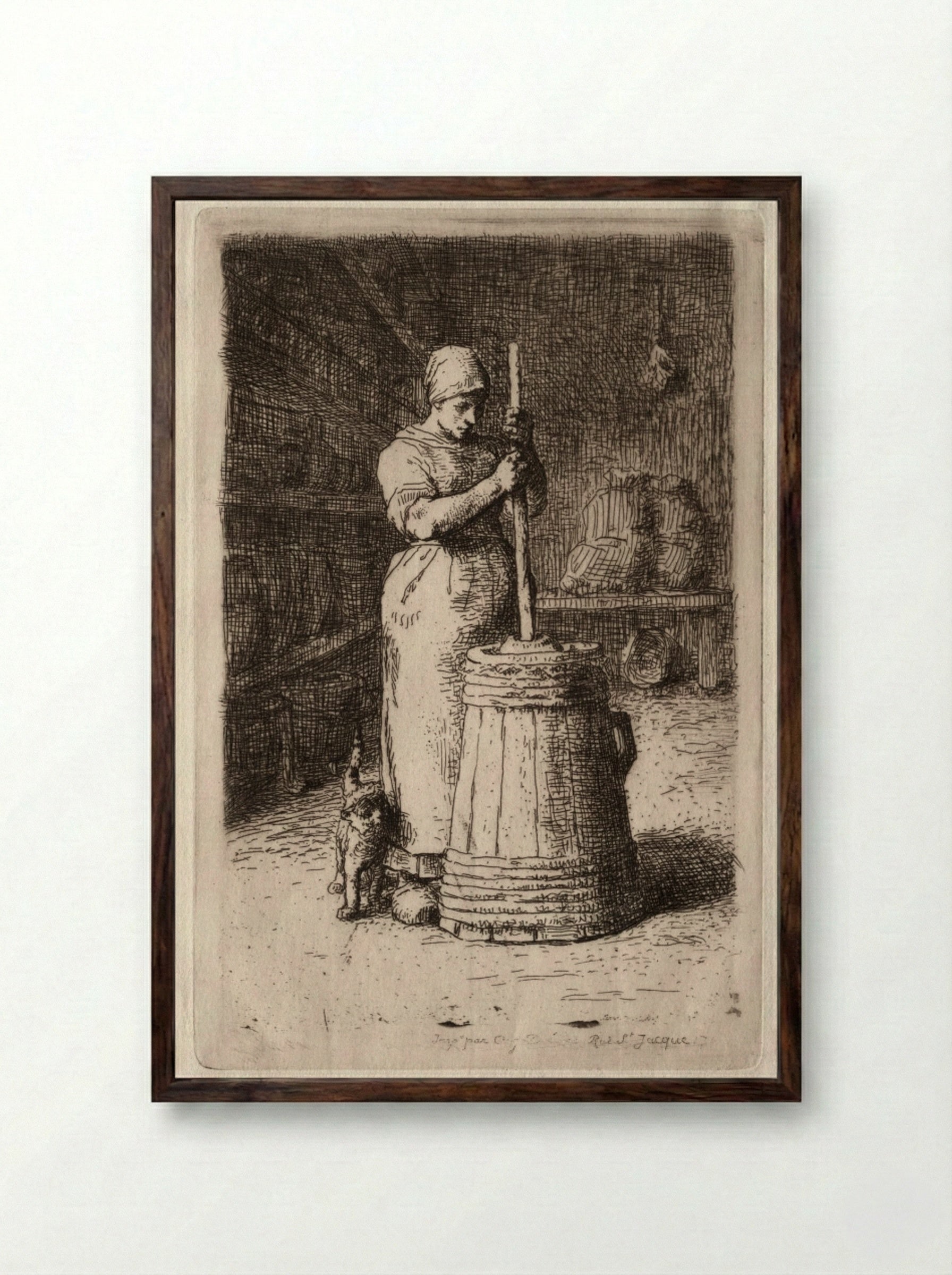 Woman Churning Butter - Jean-François Millet - Framed Print Dark Wood