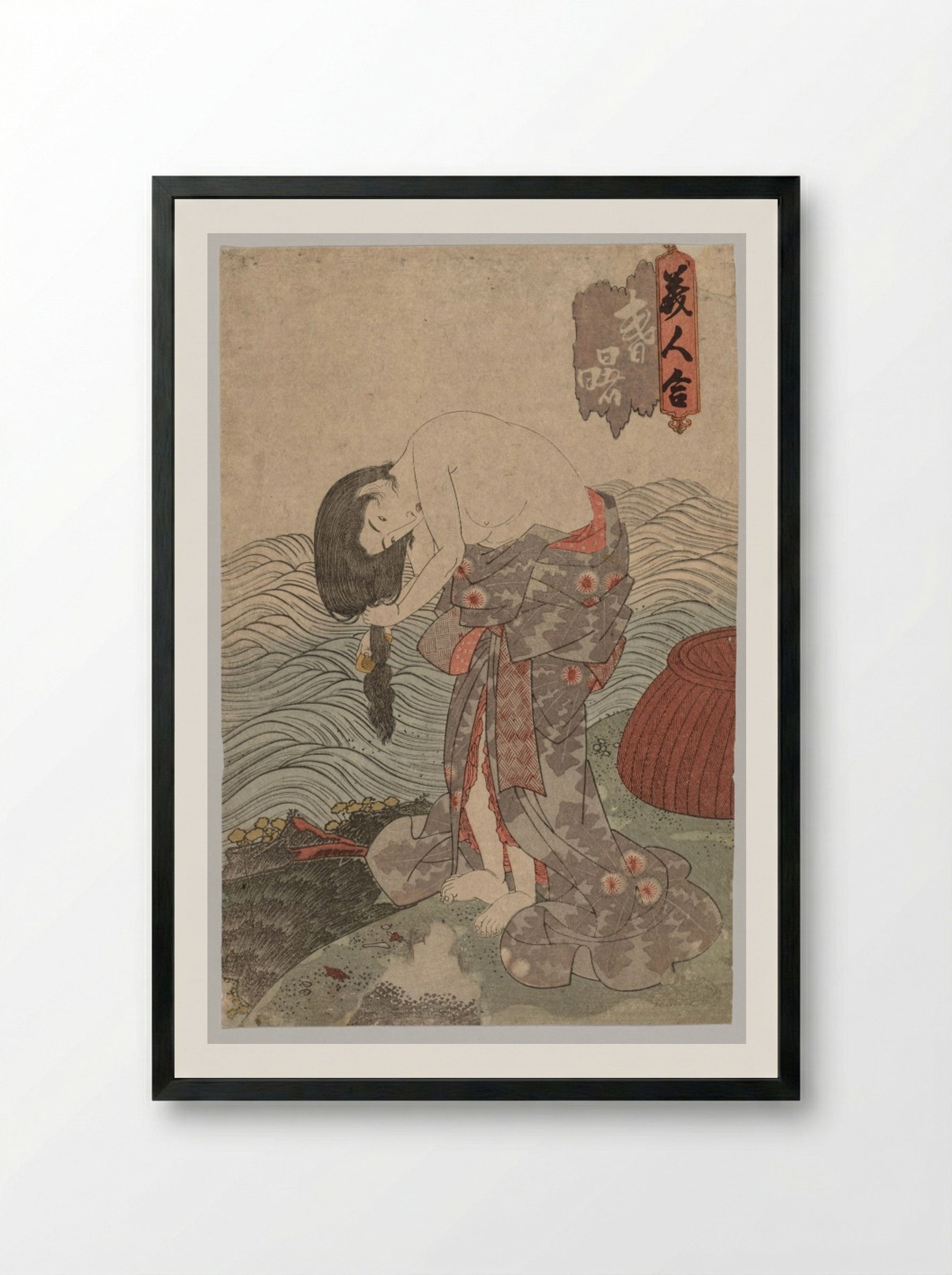 Woman Diver Combing her Hair - Utagawa Kunisada - Framed Print Black