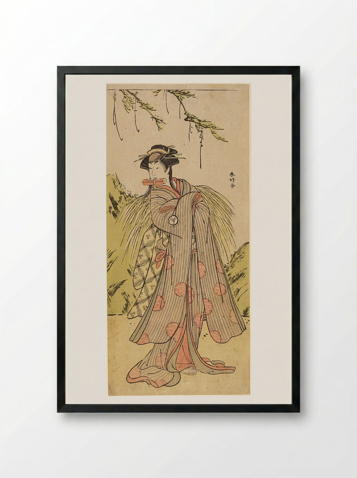 Woman Holding Scroll in Her Mouth - Katsukawa Shunkō - Framed Print Black