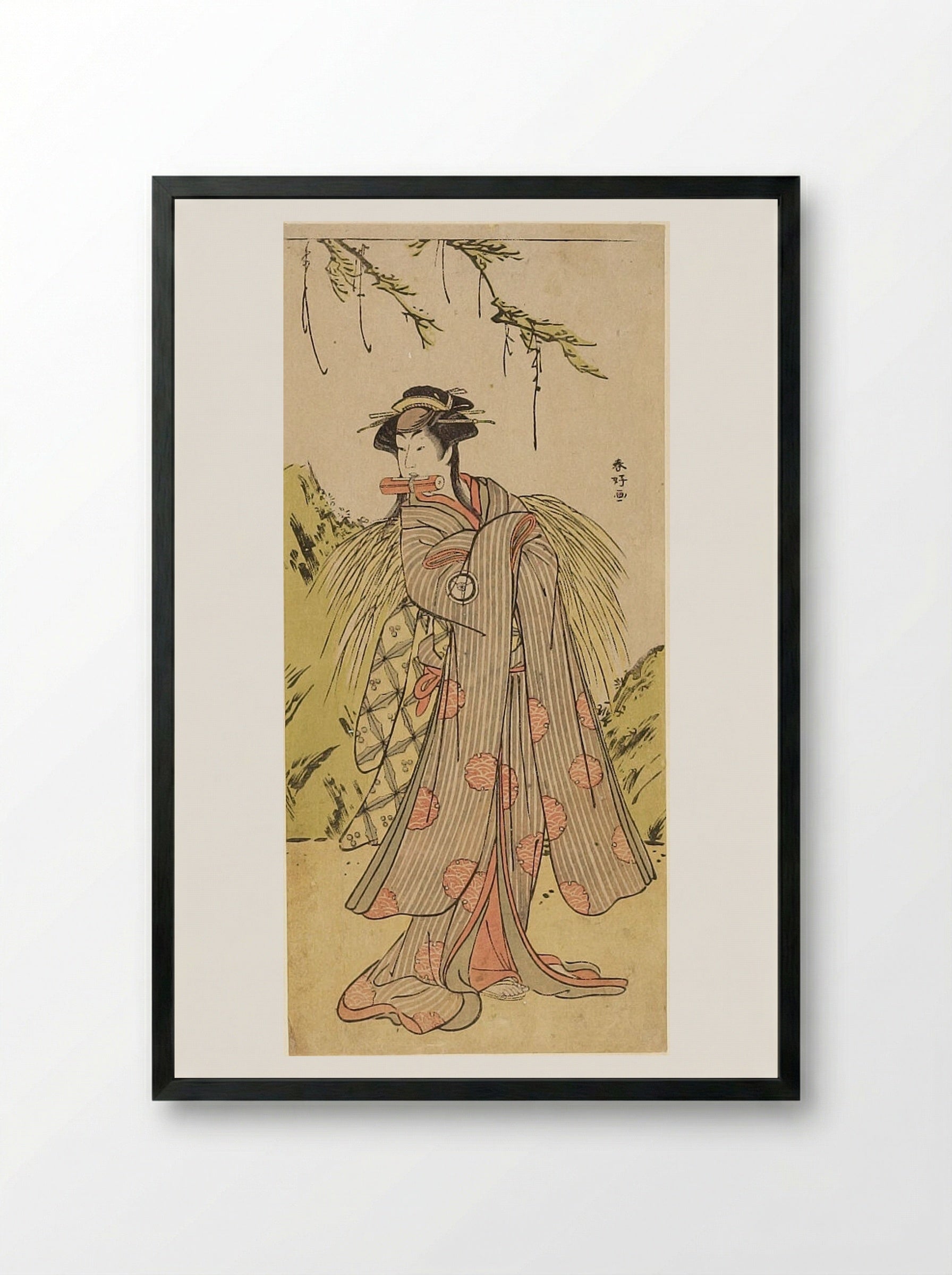 Woman Holding Scroll in Her Mouth - Katsukawa Shunkō - Framed Print Black
