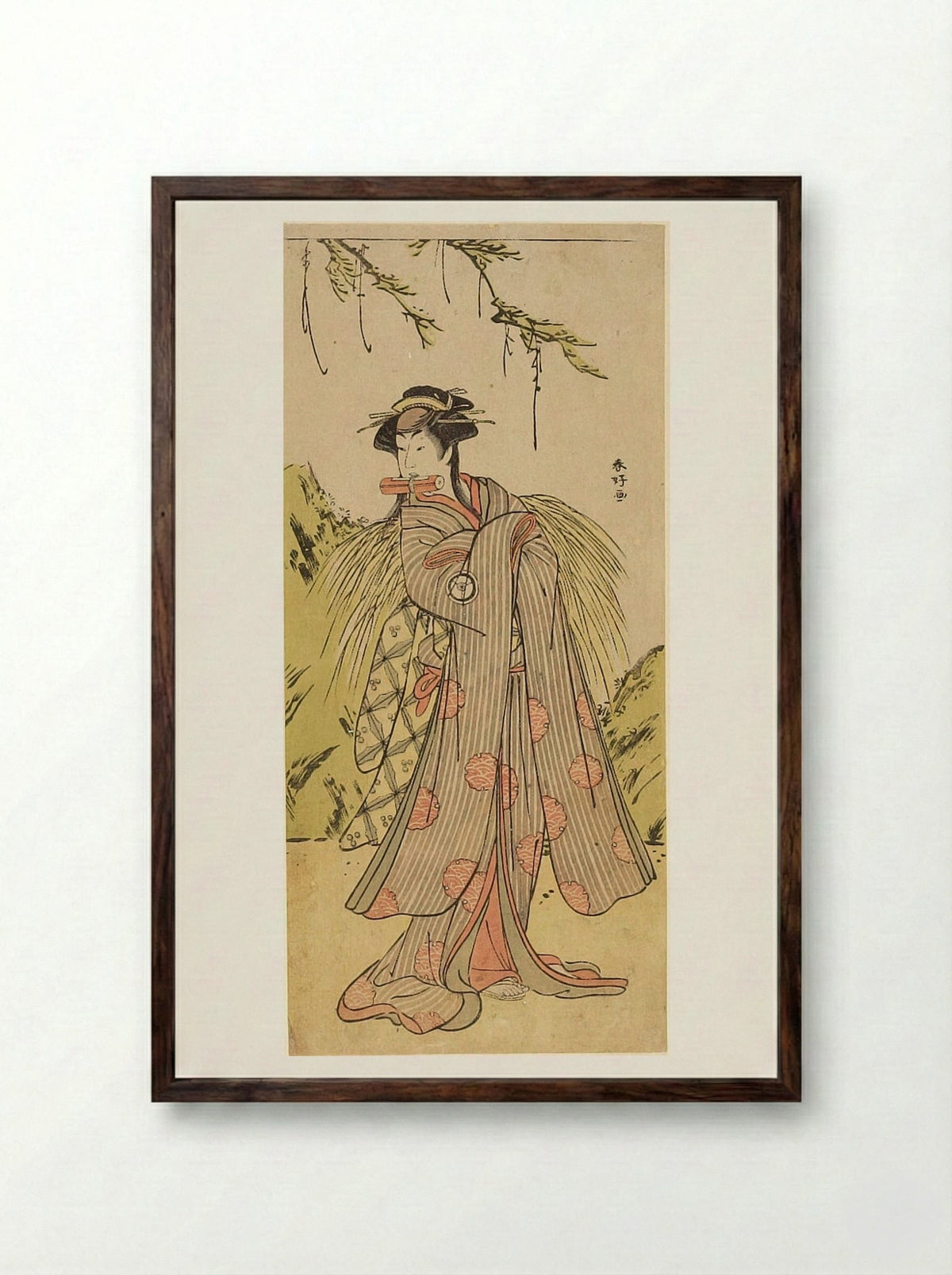 Woman Holding Scroll in Her Mouth - Katsukawa Shunkō - Framed Print Dark Wood