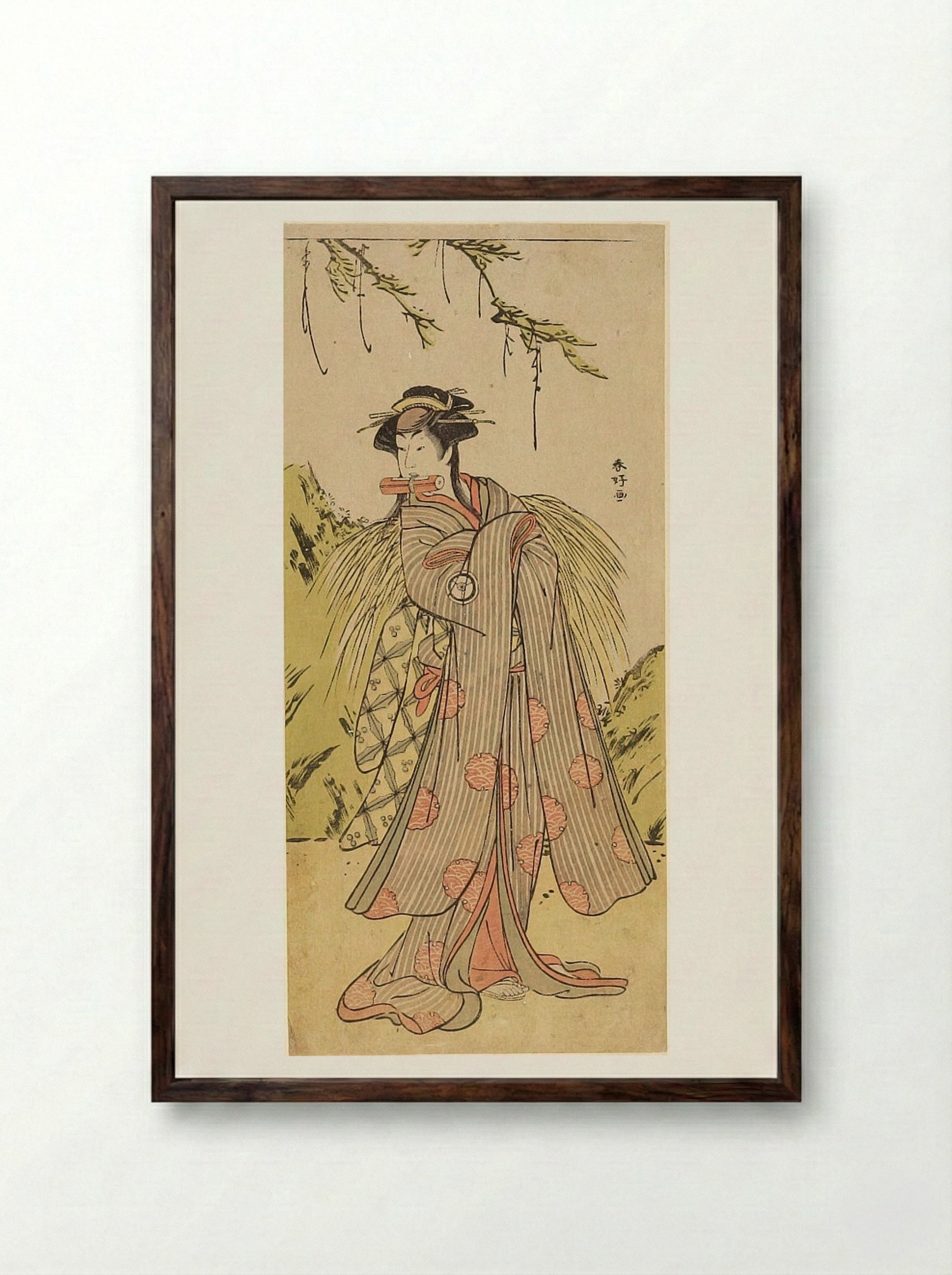 Woman Holding Scroll in Her Mouth - Katsukawa Shunkō - Framed Print Dark Wood