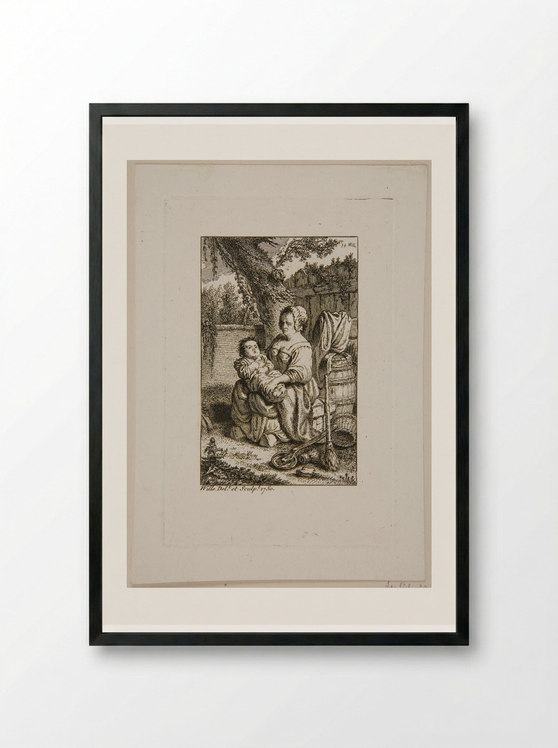 Woman Holding a Child - Johann Georg Wille - Framed Print Black