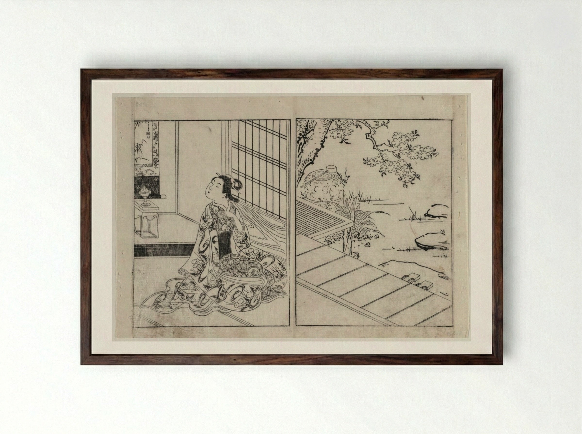Woman Looking at a Hanging Scroll - Nishikawa Sukenobu - Framed Print Dark Wood