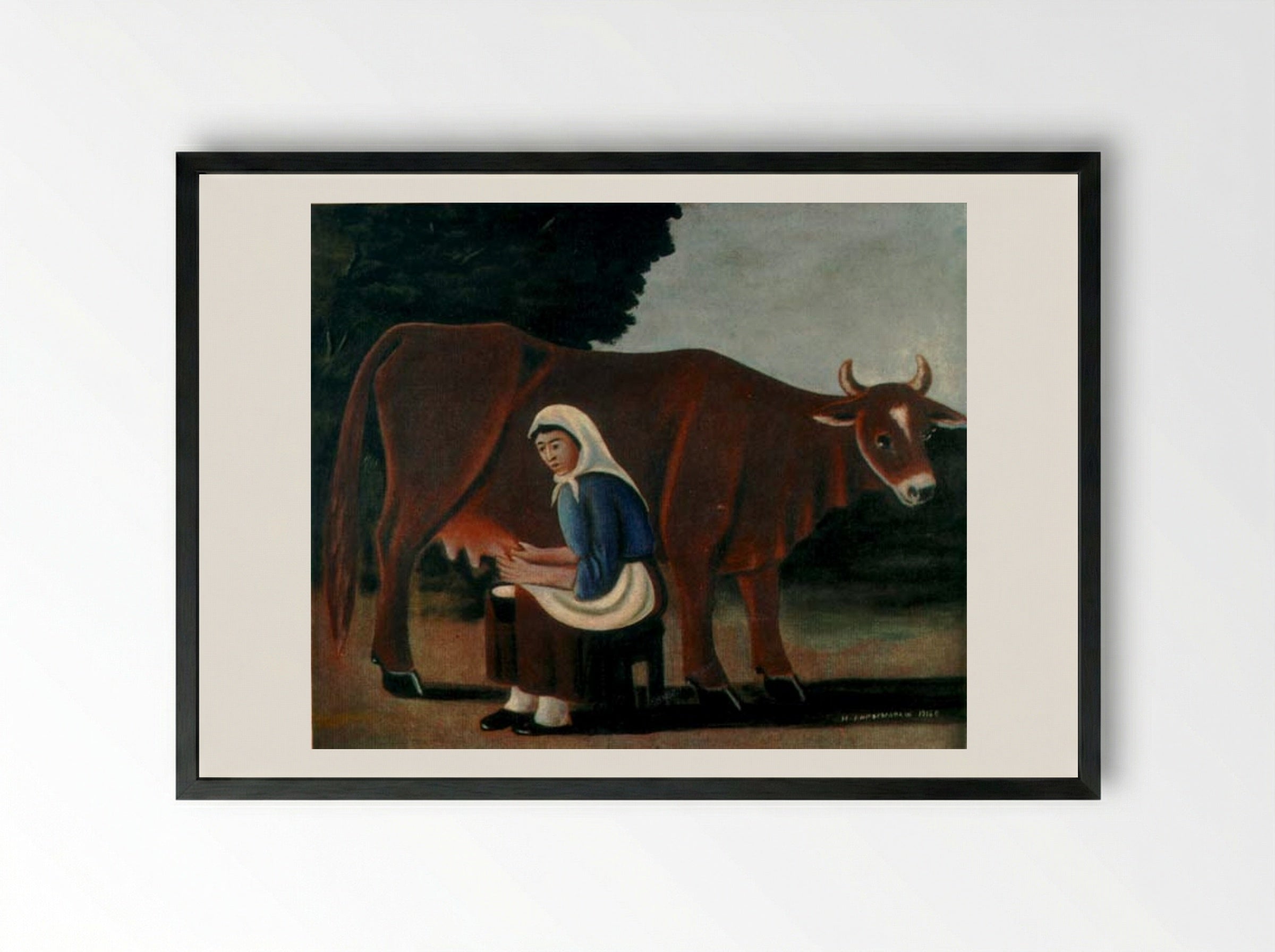Woman Milking a Cow - Niko Pirosmani - Framed Print Black