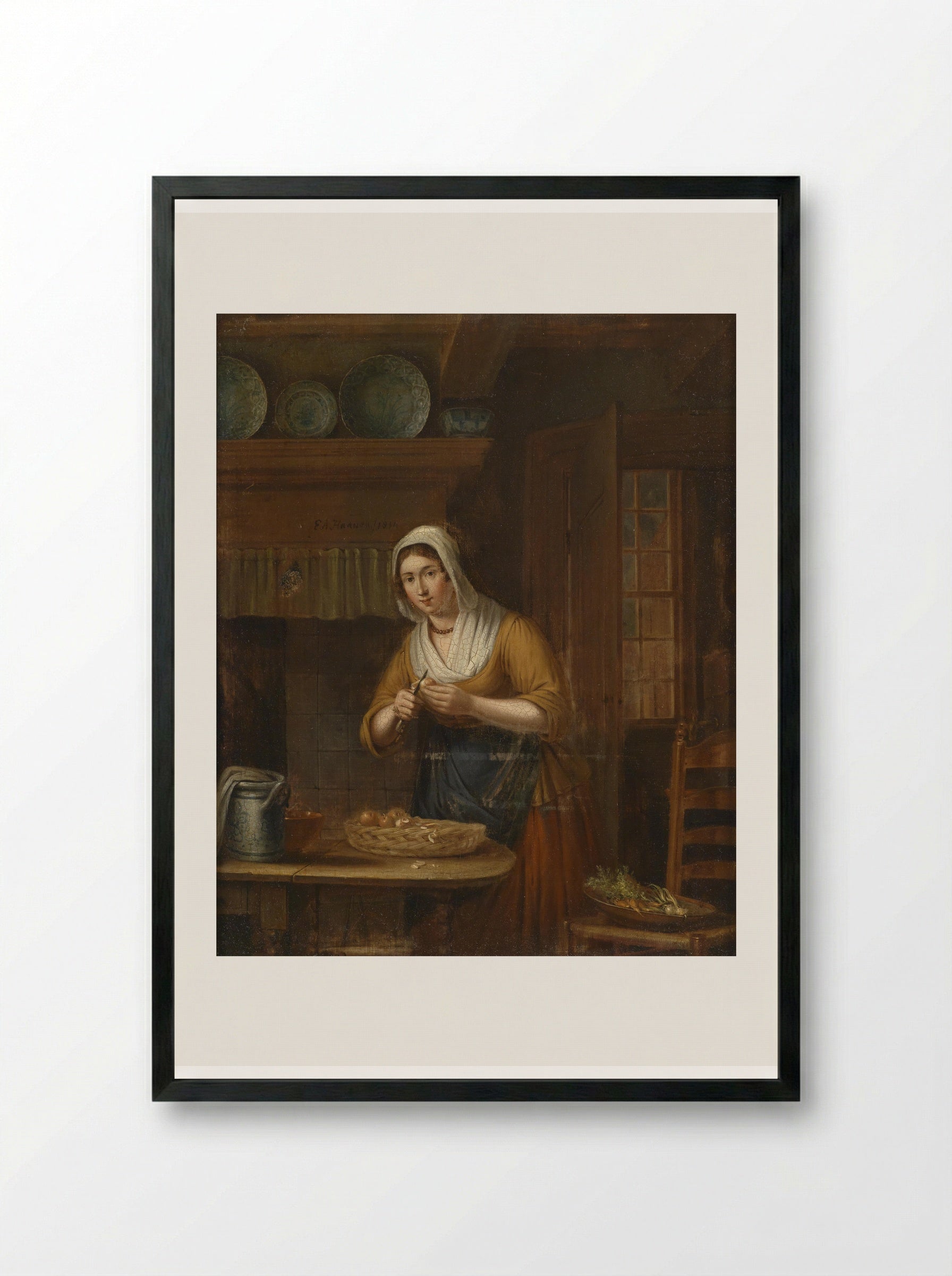 Woman Peeling Apples in a Kitchen - Elisabeth Alida Haanen - Framed Print Black