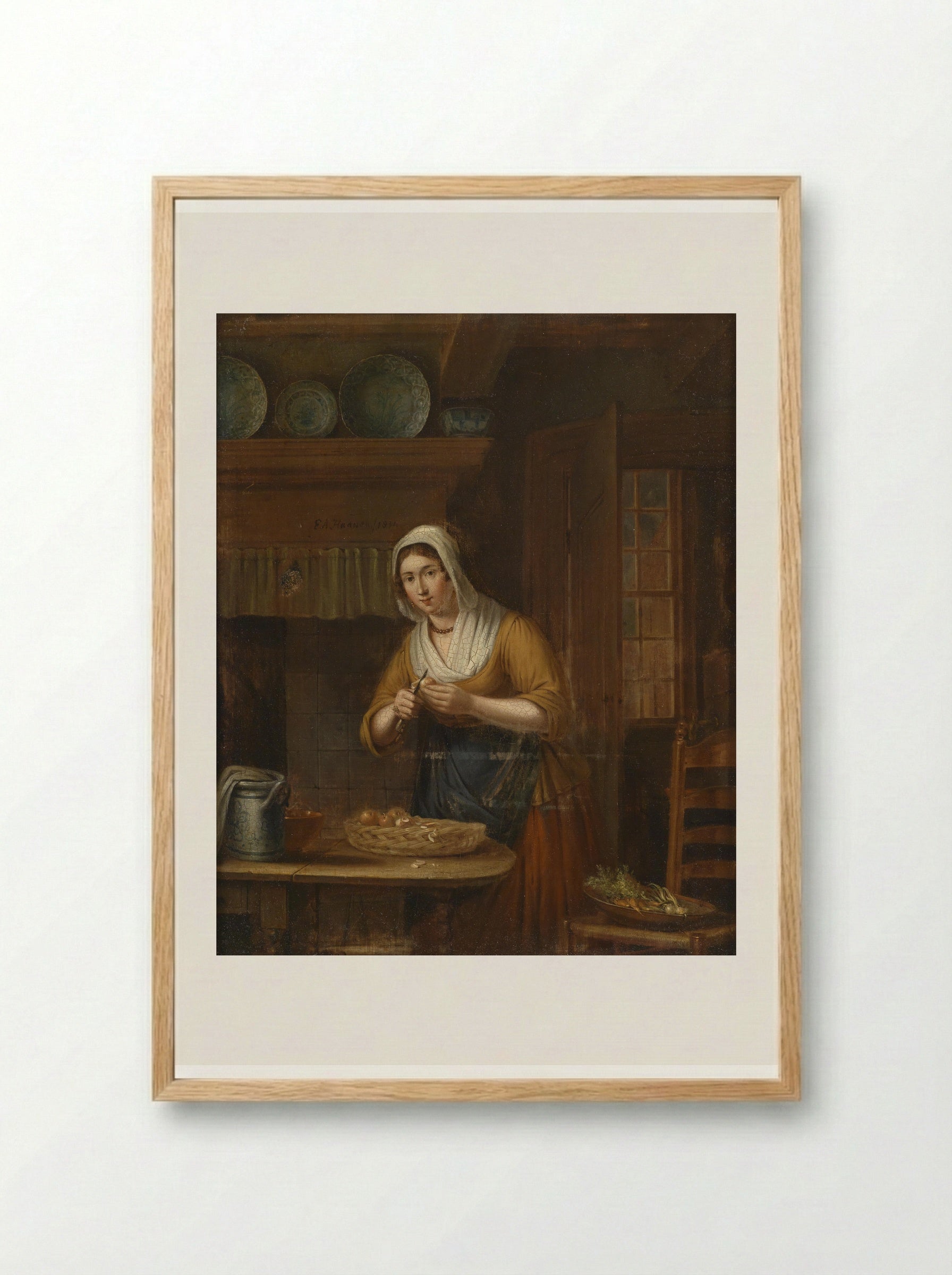 Woman Peeling Apples in a Kitchen - Elisabeth Alida Haanen - Framed Print Wood