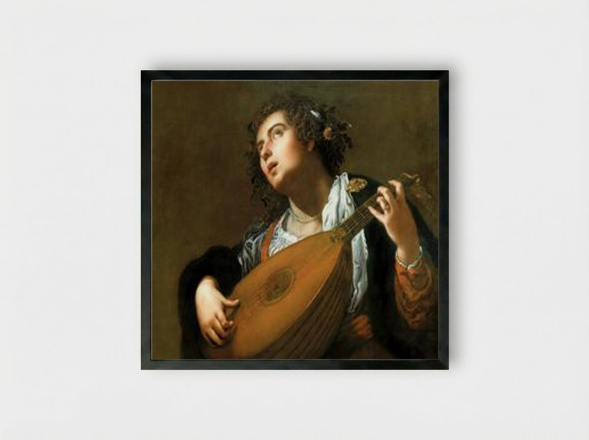 Woman Playing a Lute - Artemisia Gentileschi - Framed Print Black