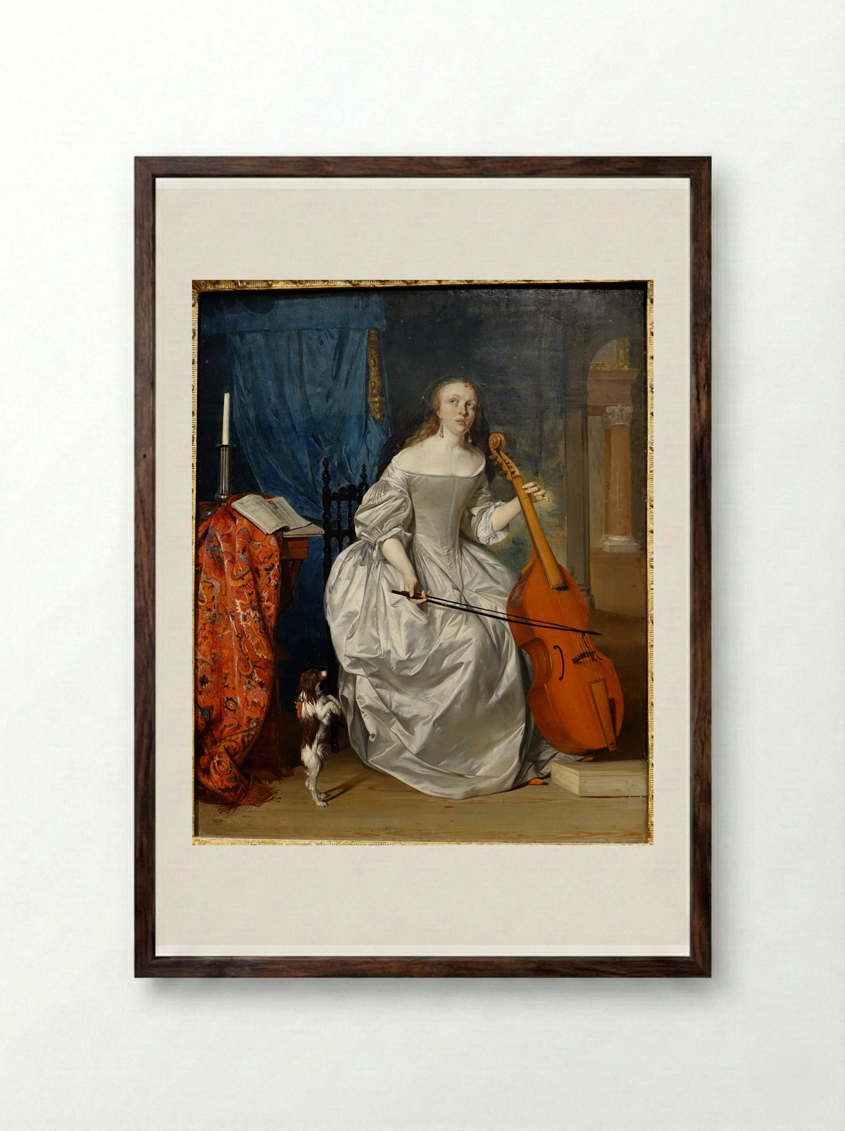 Woman Playing a Viola de Gamba - Gabriel Metsu - Framed Print Dark Wood