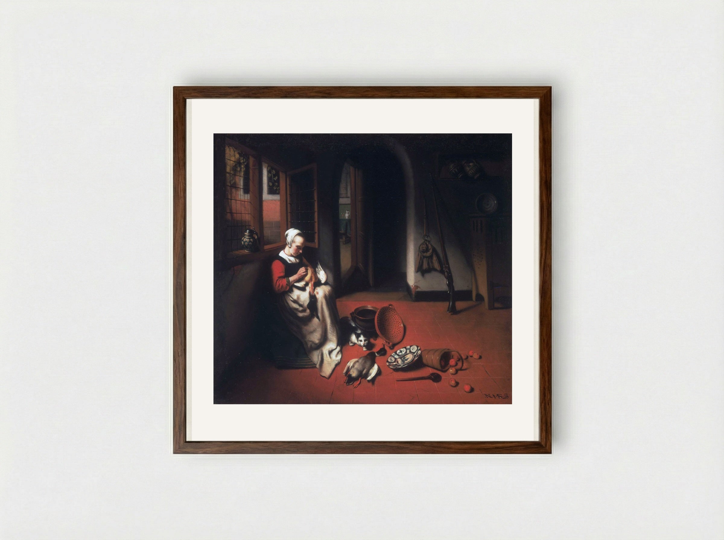 Woman Plucking a Duck - Nicolaes Maes - Framed Print Dark Wood