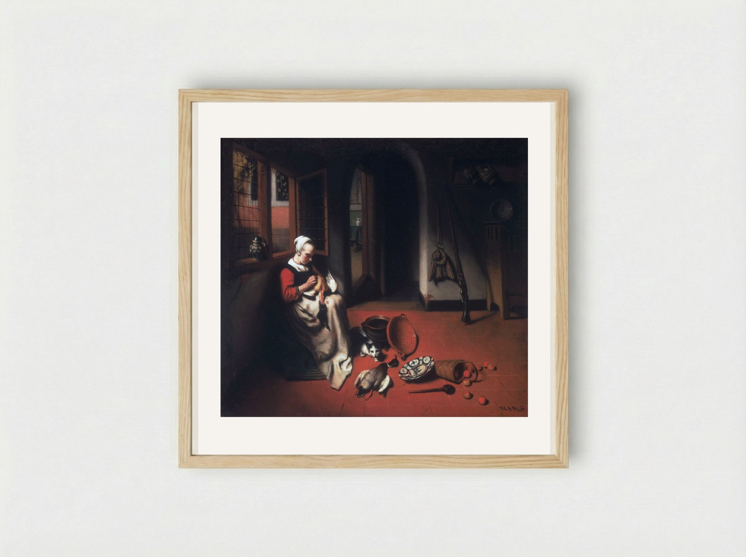 Woman Plucking a Duck - Nicolaes Maes - Framed Print Wood