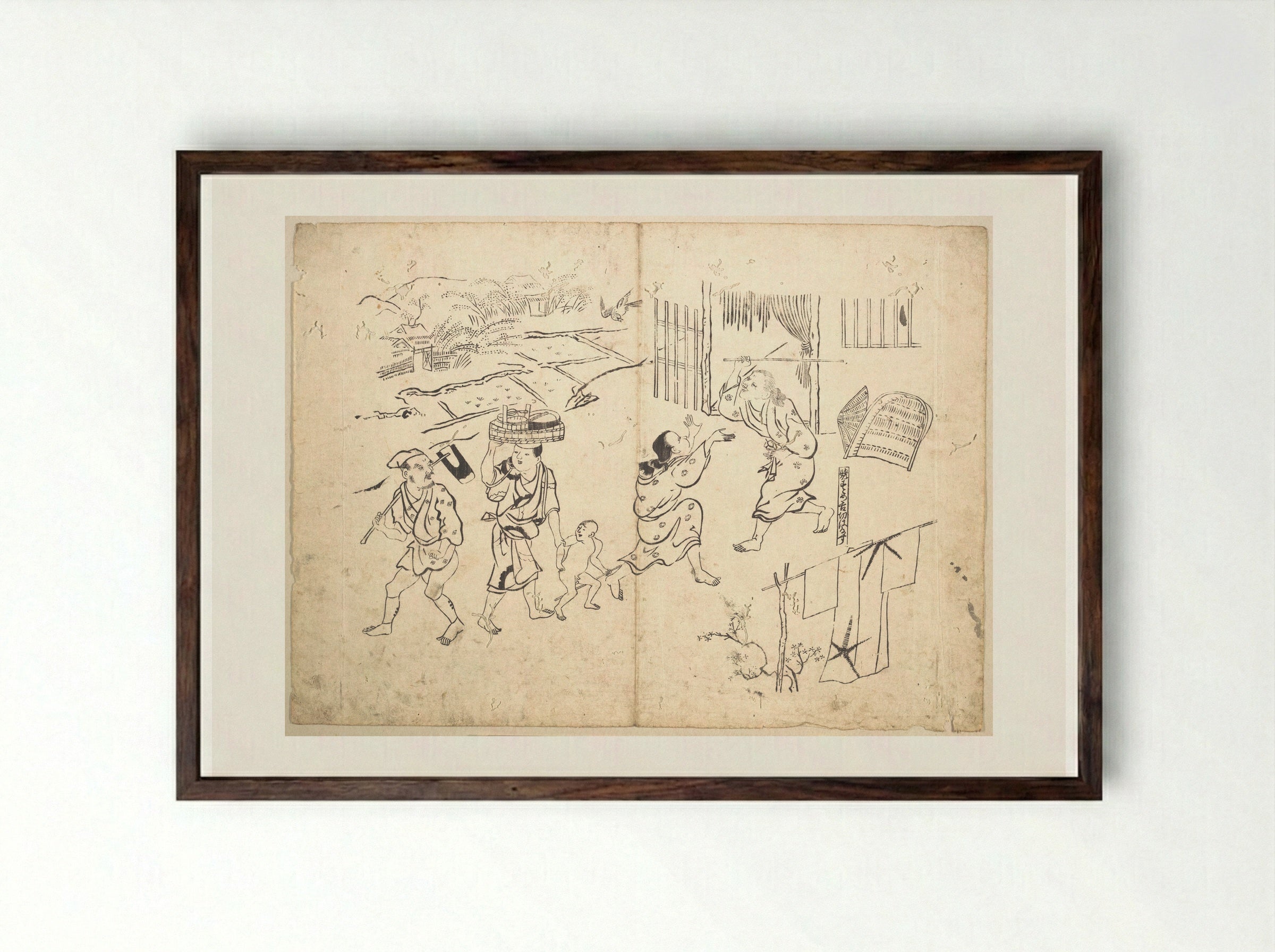 Woman Pursuing Sparrow - Okumura Masanobu - Framed Print Dark Wood