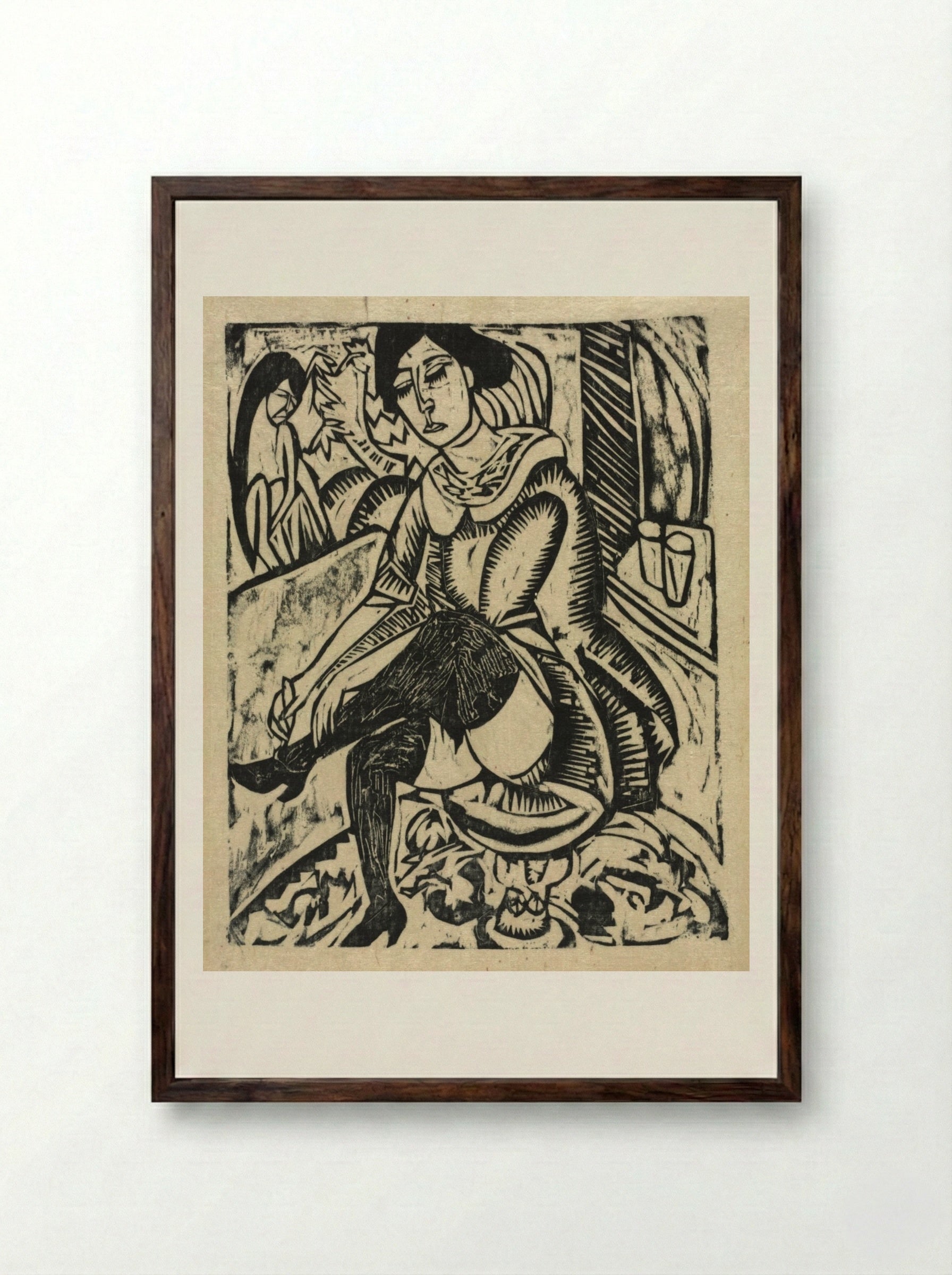 Woman Putting on Her Shoes - Ernst Ludwig Kirchner - Framed Print Dark Wood