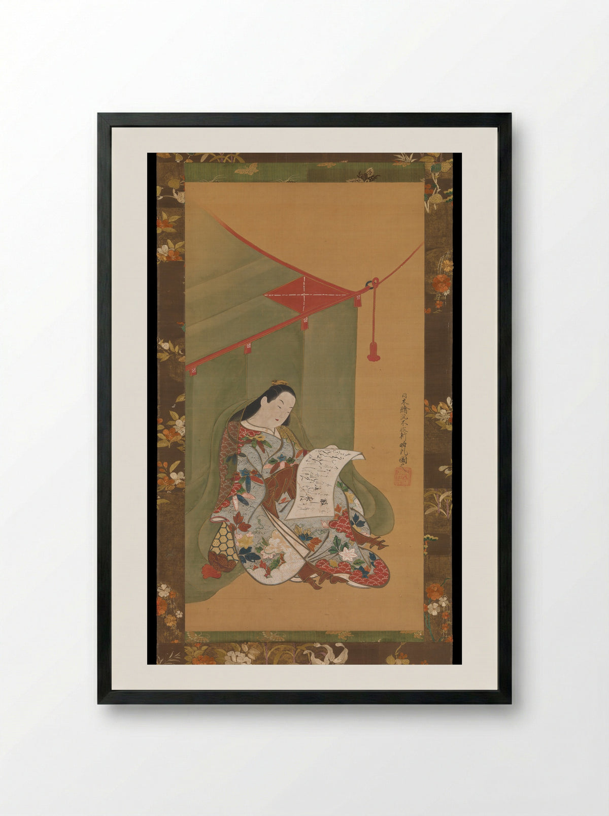 Woman Reading under a Mosquito Net - Fuhiken Tokikaze - Framed Print Black