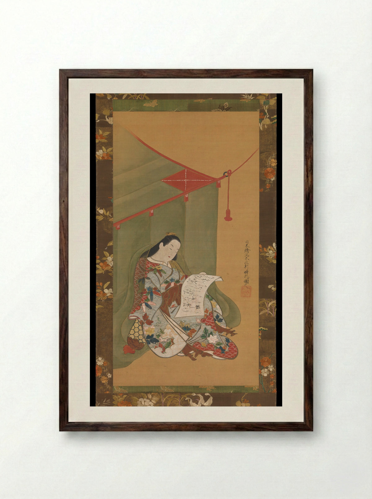 Woman Reading under a Mosquito Net - Fuhiken Tokikaze - Framed Print Dark Wood